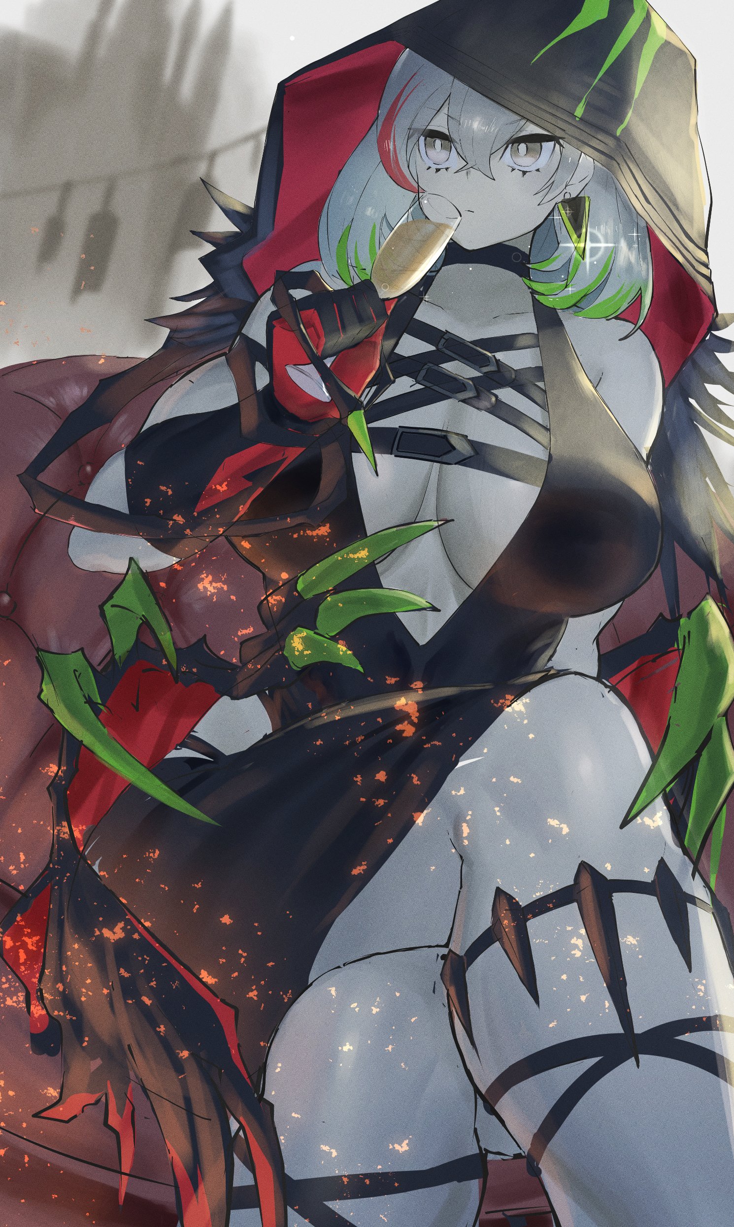 accessory, astellar diabellstar (sinful spoils), bandage, black dress, breasts, cape, closed mouth, collar, crossed legs, cup, diabellstar the black witch, dougaku, dress, duel monster, earrings, female, female only, gothic, green hair, hi res, hood, hoodie, huge breasts, jacket, konami, looking at another, low-angle view, multicolored hair, muscular female, muscular thighs, necklace, one leg raised, outside, pale skin, passionpit777, red hair, safe, safe for work, scarf, serious, short hair, silver eyes, silver hair, sinful spoils (yu-gi-oh!), sitting, sofa, thick legs, thighs, wine, wine glass, wings, young, younger female, yu-gi-oh!