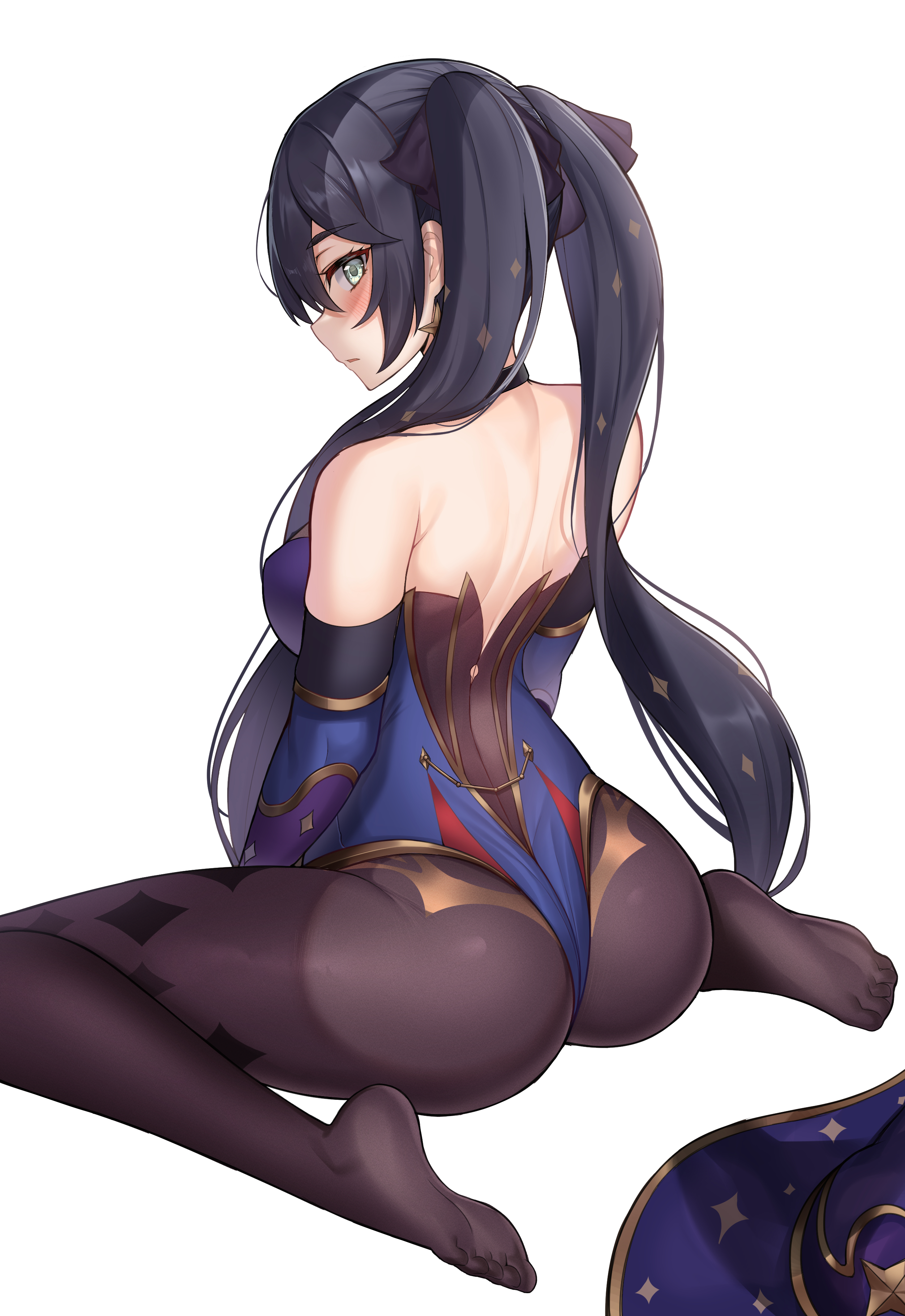 1girls, ass, back, back view, bare shoulders, black hair, blush, breasts, elbow gloves, female, female focus, female only, from behind, genshin impact, gloves, green eyes, hair ribbon, hat, komainu (yamaha1997), leotard, long hair, looking at viewer, looking back, looking back at viewer, medium breasts, mona (genshin impact), no shoes, on knees, pantyhose, ribbon, ribbons, sideboob, sitting, solo, solo female, thong leotard, twintails, very long hair