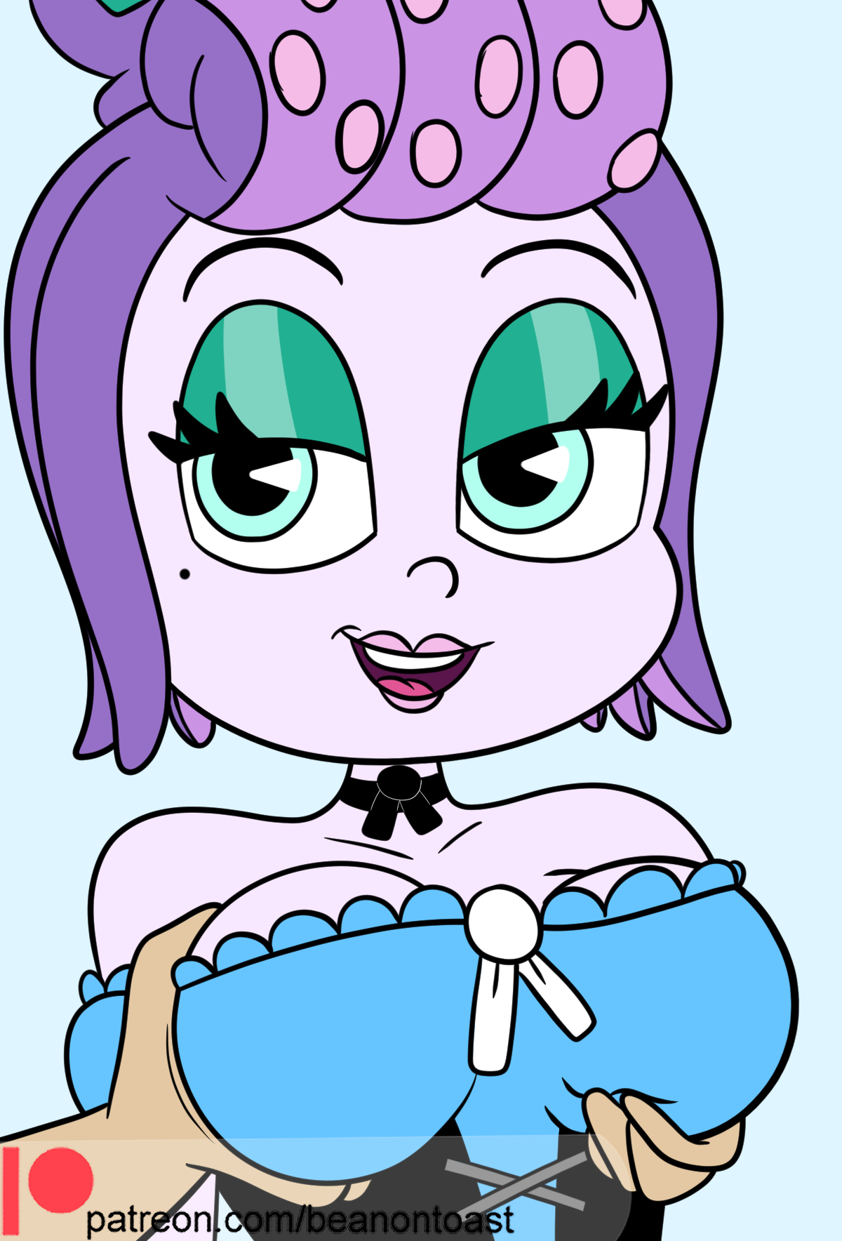 beanontoast, breast grab, breast squeeze, breasts, cala maria, clothed, cuphead (game), disembodied hands, female, hands on breasts, looking at another, male, merfolk, mermaid, smiling, smiling at another, squid, tentacle hair, the cuphead show, unseen male face