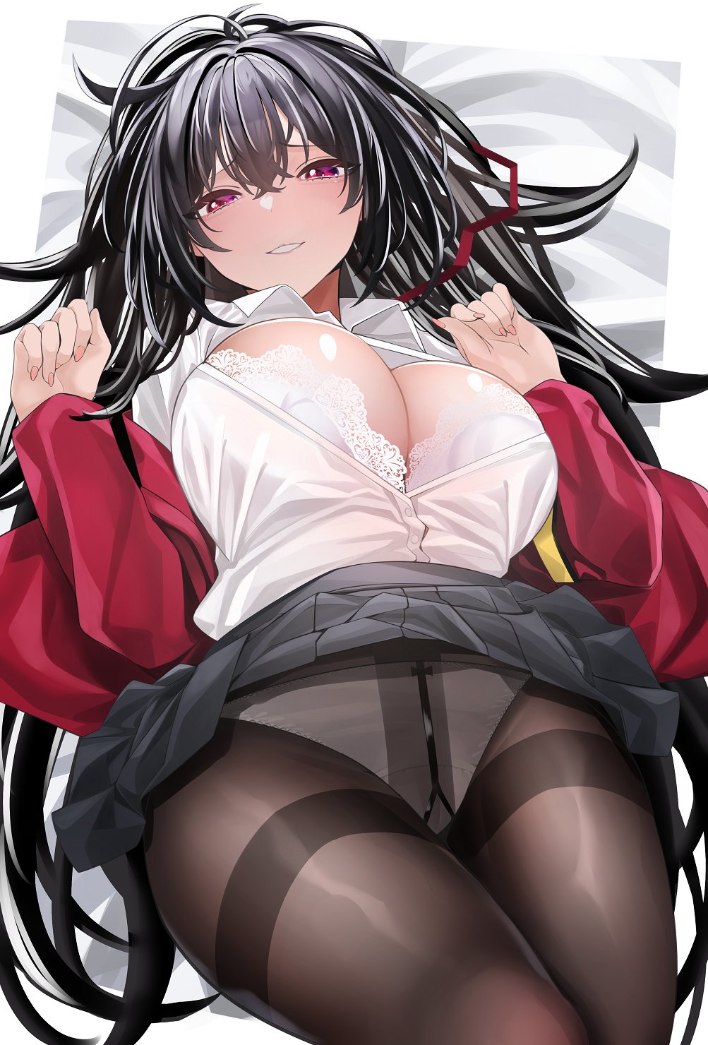 1girls 2022 azur_lane black_hair breasts cleavage female female_only hips huge_breasts keishi_surota light-skinned_female light_skin long_hair lying_on_back naughty_face pantyhose red_eyes school_uniform schoolgirl slim_waist smile solo solo_female suggestive_look taihou_(azur_lane) taihou_(sweet_time_after_school)_(azur_lane) thick_thighs thighs wide_hips