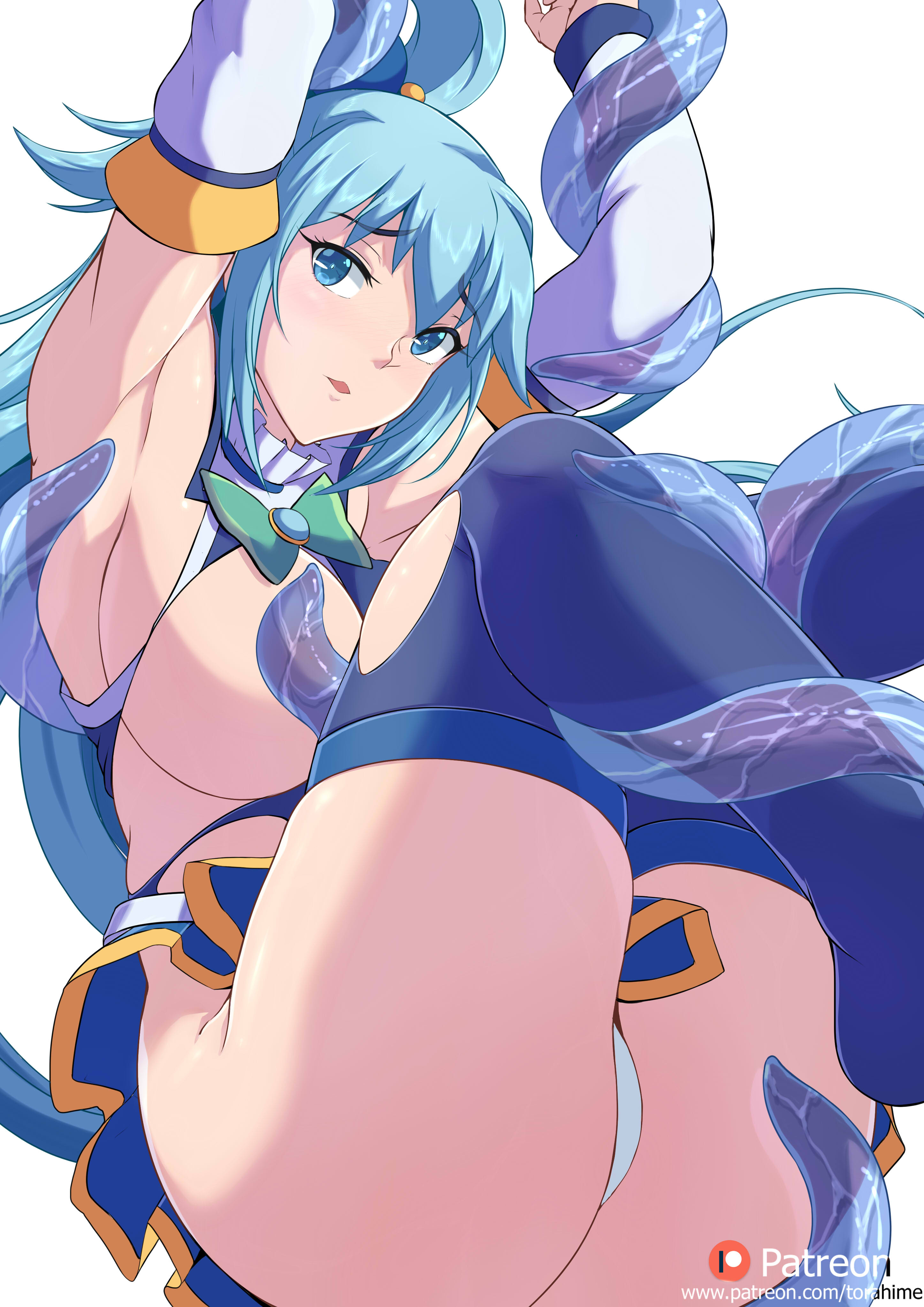 1girls, aqua (konosuba), armpits, ass, big breasts, blue eyes, blue hair, bondage, breasts, deity, feet, female, female only, goddess, hips, huge ass, huge breasts, kono subarashii sekai ni shukufuku wo!, light skin, light-skinned female, long hair, slim waist, slime, slime tentacles, solo, tentacle, tentacles, thick thighs, thighs, torahime, wide hips
