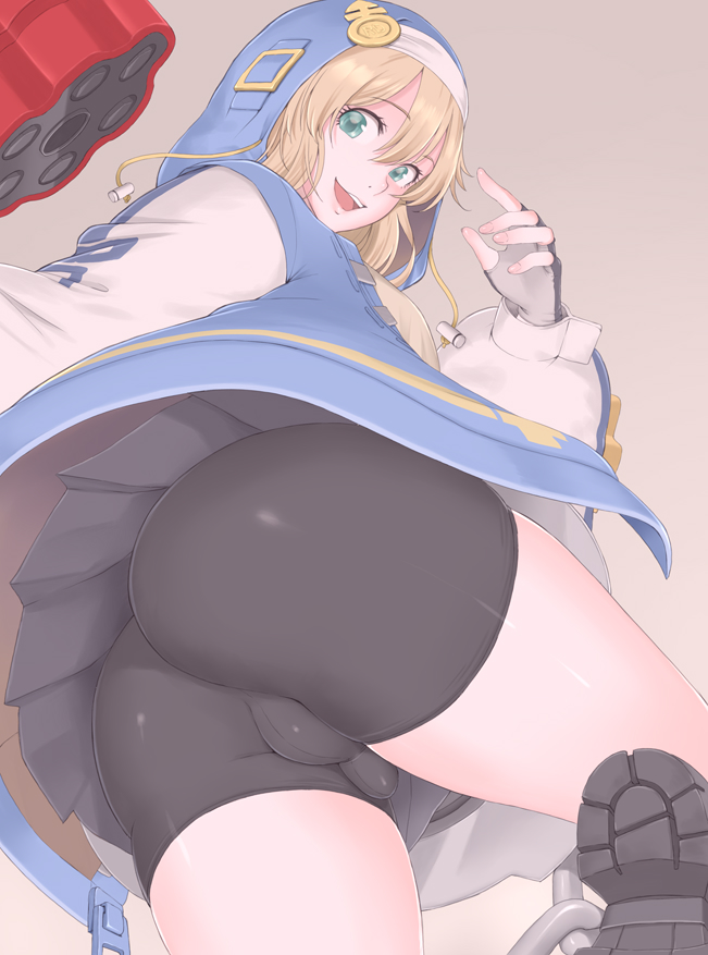 1boy, ass, backsack, balls, ballsack, blonde hair, blue eyes, bridget, bulge, eye contact, gloves, guilty gear, guilty gear strive, looking at viewer, male, male only, penis, penis bulge, shorts, solo, solo male, spandex shorts, taito0630, thick thighs, thighs