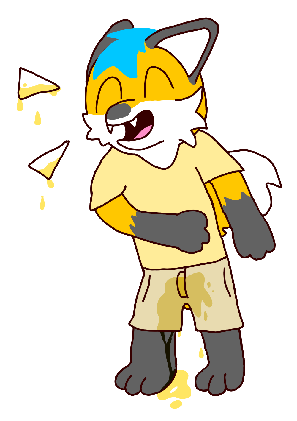 accident anthro bodily_fluids bottomwear canid canine clothed clothing fluffy fluffy_tail fox genital_fluids hi_res incontinence laugh male mammal peeing peeing_self red_fox shirt shorts solo t-shirt telegram_sticker toney_(toneysfluffybehind) toneysfluffybehind toony topwear urine watersports wetting