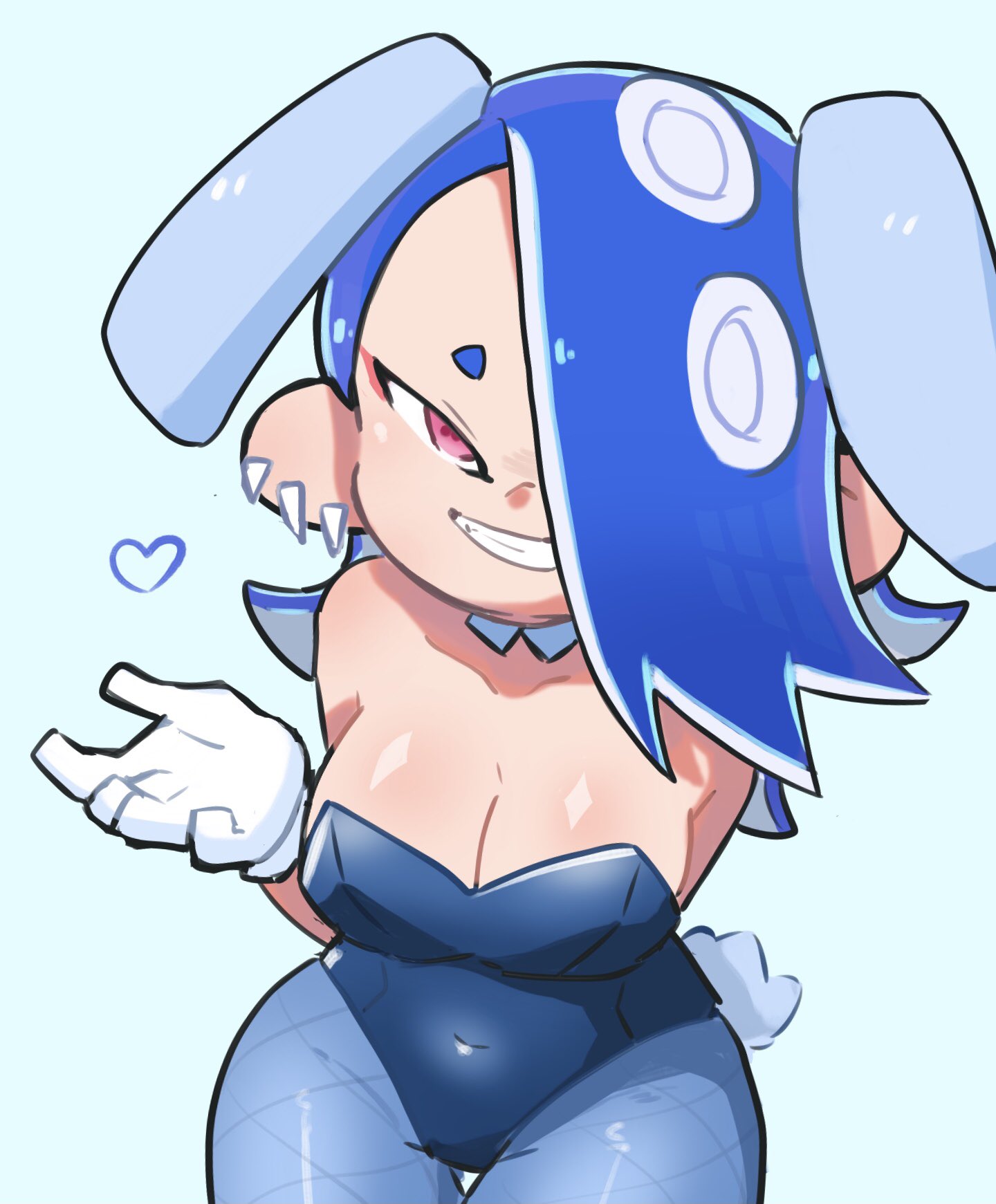 1girls, big breasts, blue hair, breasts, bunny girl, bunnysuit, cleavage, detached collar, ear piercing, female, gloves, hair over one eye, heart, looking at viewer, nintendo, octoling, one eye covered, playboy bunny, shiny skin, shiver (splatoon), smile, solo, solo female, splatoon, splatoon (series), splatoon 3, tagme, tentacle hair, thick thighs, toothy grin, whichdoll, white gloves