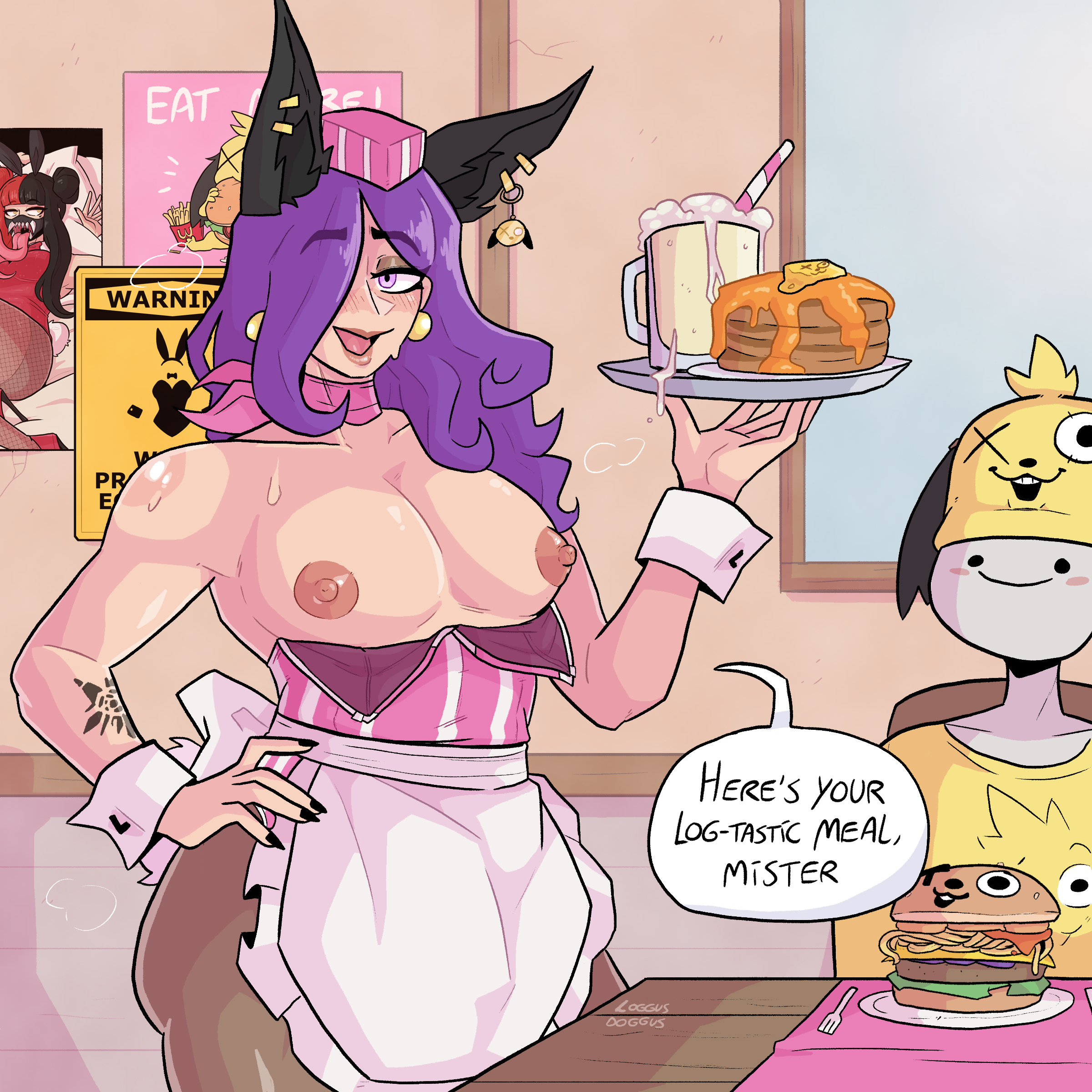 abubis, animal ears, apron, blush, bunny tail, bunnysuit, crossdressing, diner, earrings, femboy, glass of cum, hamburger, hat, loggus doggus, male, milkshake, nail polish, pancake, poster, purple hair, restaurant, serving food, serving tray, tray, waiter, waitress, waitress uniform