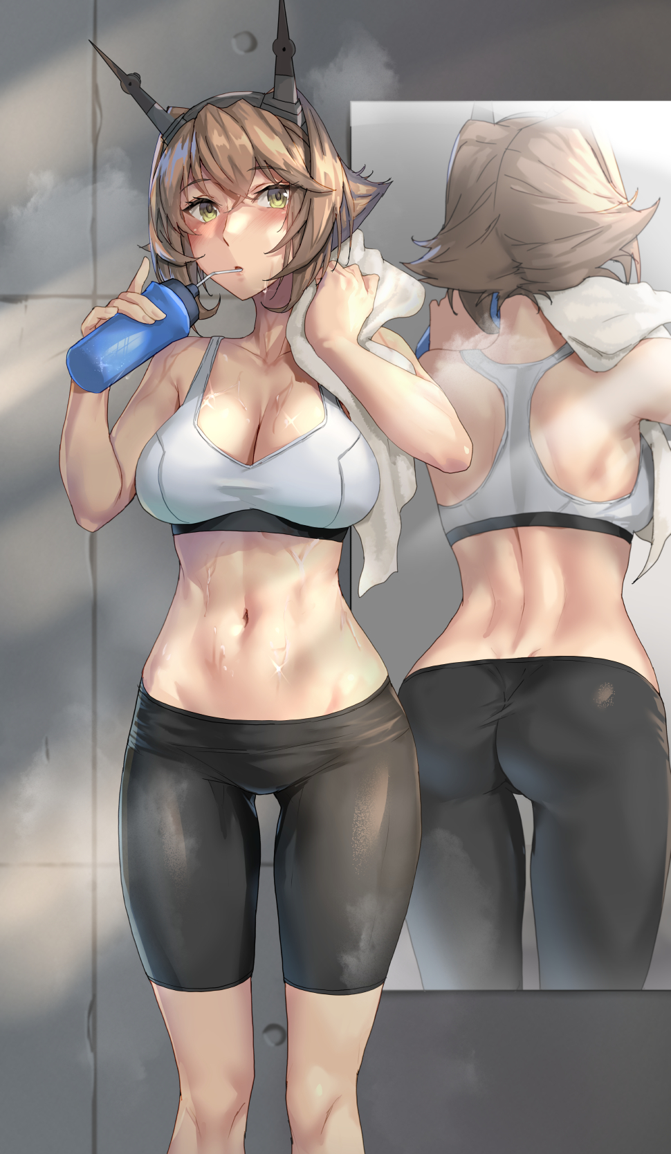 black_shorts blush bottle bra breasts brown_hair cleavage collarbone compression_shorts drinking_straw feet_out_of_frame female green_eyes hair_between_eyes headgear highres holding holding_bottle kantai_collection kokuzou large_breasts mirror mutsu_(kantai_collection) navel short_hair shorts solo solo_female sports_bra sportswear towel underwear white_bra