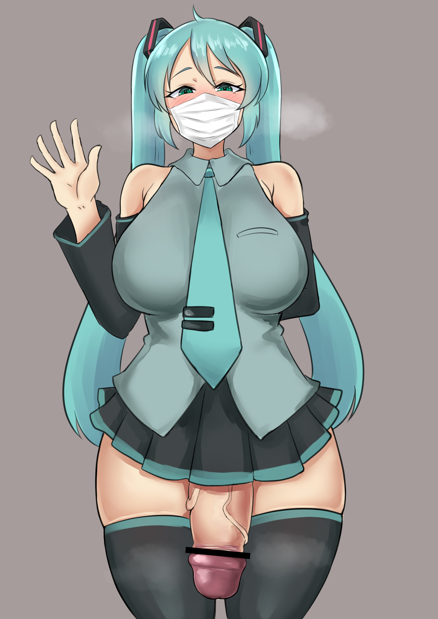 1futa, 1girl, aqua eyes, aqua hair, arm behind back, bar censor, bare shoulders, big breasts, big penis, black skirt, blue eyes, blue hair, blush, bottomless, breasts, censor bar, censored, censored penis, clothed, clothing, detached sleeves, face mask, facemask, flaccid, futa only, futanari, grey background, hatsune miku, huge cock, human, hyper, hyper penis, intersex, large breasts, large penis, light skin, light-skinned futa, long hair, looking at viewer, mask, mokuren5, mostly clothed, mouth mask, necktie, penis, pleated skirt, shirt, simple background, skirt, solo, solo futa, standing, surgical mask, thick thighs, thighhighs, twintails, veins, veiny penis, very long hair, vocaloid, waving