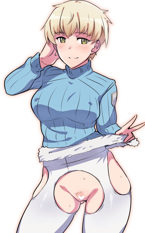 ass_visible_through_thighs blonde_female blonde_hair blue_sweater blush breasts censored closed_mouth clothing covered_nipples em_(totsuzen_no_hakike) erect_nipples erect_nipples_under_clothes female hanna_wind heart_censor large_breasts no_panties pantyhose pubic_hair pussy shiny shiny_hair short_hair smile solo strike_witches sweater torn_pantyhose v very_short_hair white_pantyhose world_witches_series yellow_eyes