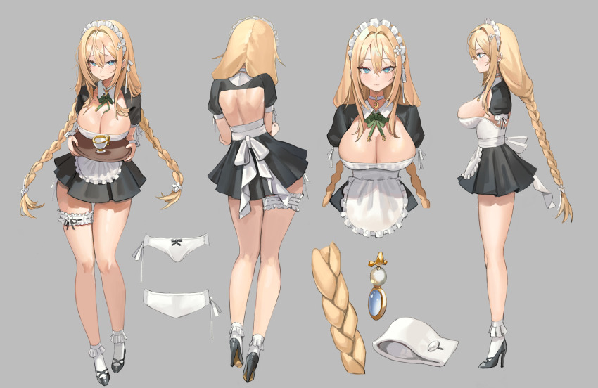 1girls ass blonde_female blonde_hair blue_eyes bow_panties braided_hair braided_twintails breasts character_sheet choker cleavage female female_only freng fully_clothed high_heels holding_tray large_breasts light-skinned_female light_skin long_hair maid maid_headdress maid_uniform original panties revealing_clothes soitsu_(alb) tea_cup thigh_band thigh_strap tray twintails uniform white_panties wrist_cuffs