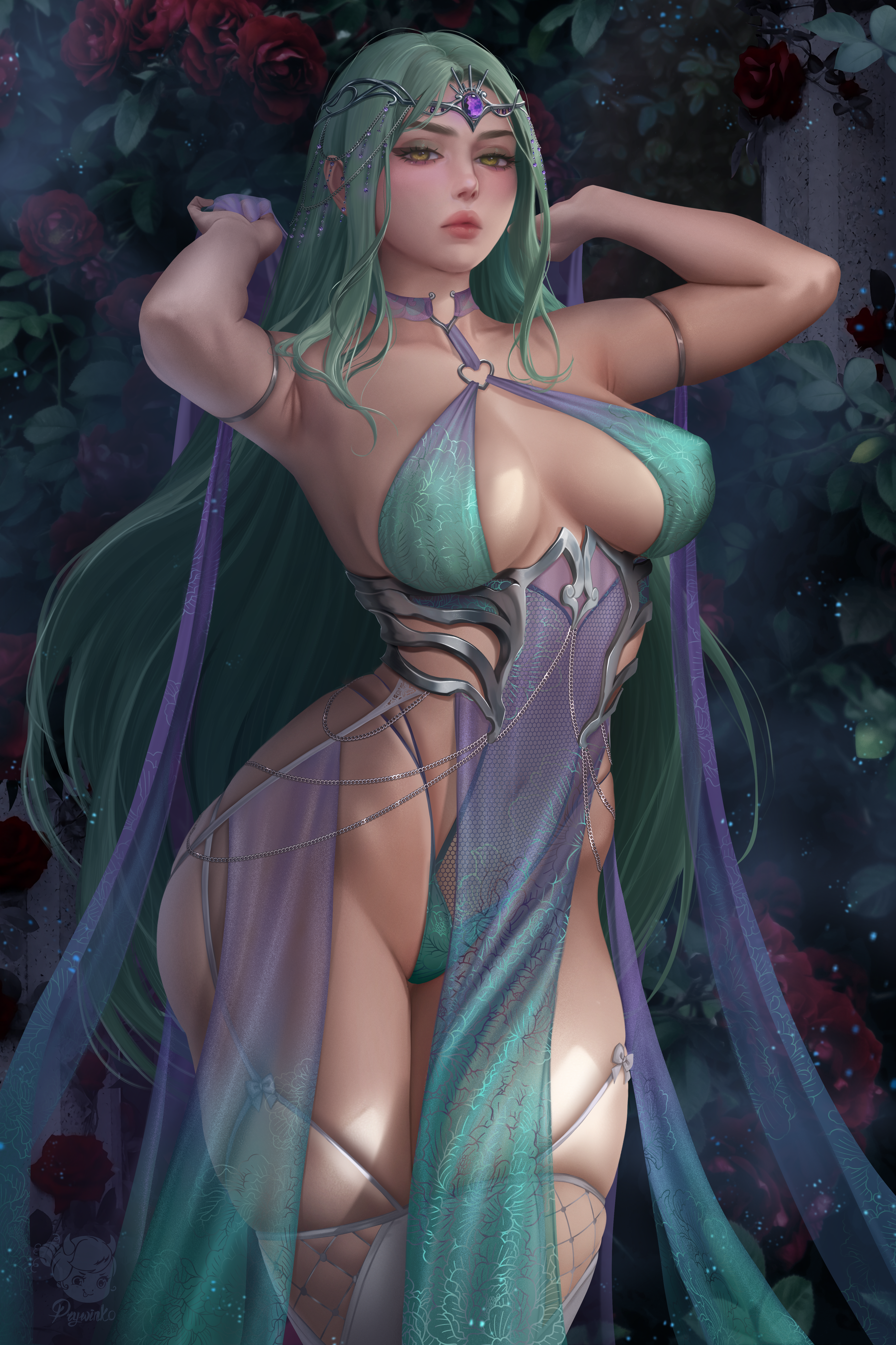 1girls, absurd res, absurdres, arm bracelets, armpit, arms up, athletic, athletic female, bare arms, bare shoulders, big breasts, breasts, bush, busty, child bearing hips, cleavage, clothed, clothed female, clothing, dress, extremely large filesize, female, female focus, female only, fit, fit female, goddess, green eyes, green hair, high resolution, highres, hips, huge filesize, large breasts, large filesize, light skin, light-skinned female, long hair, looking at viewer, navel, original, original character, perky breasts, plant, plants, prywinko, rose (flower), roses, solo, solo female, solo focus, standing, stomach, thick, thick female, thick thighs, thighhighs, thighs, tiara, very high resolution, white thighhighs