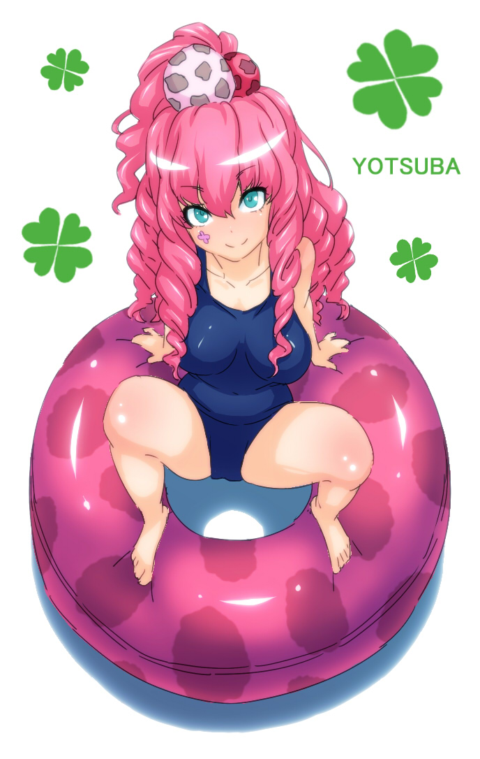 1girls aqua_eyes barefoot big_breasts breasts clover_(zero_escape) drill_hair hair_ornament long_hair looking_at_viewer one-piece_swimsuit pink_hair sanagi_torajirou school_swimsuit spread_legs swimsuit swimwear virtue's_last_reward zero_escape