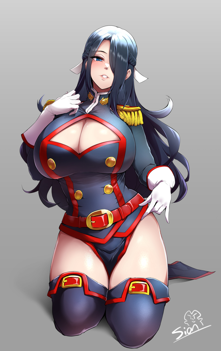 anti-demon_corps_uniform azuma_fubuki blue_eyes blue_hair cleavage cleavage_cutout hair_over_one_eye large_breasts mato_seihei_no_slave milf sian voluptuous