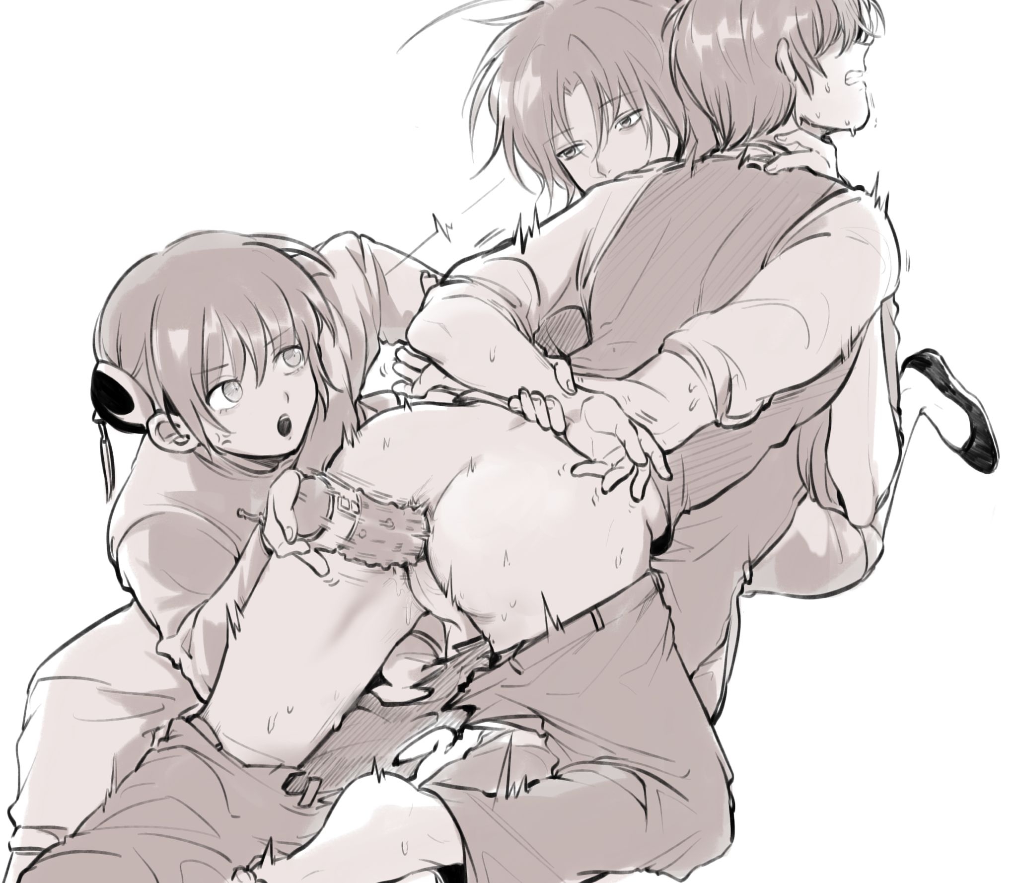 1girls, 2boys, anal, anal insertion, anal sex, anger vein, arms behind back, backsack, balls, ballsack, bisexual, bisexual male, brother and sister, bun cover, clenched teeth, dildo, dildo in ass, double bun, female, femdom, gintama, hair ornament, kagura (gintama), kamui (gintama), male, male penetrated, maledom, malesub, mew (pixiv), mmf threesome, monochrome, okita sougo, pants down, rape, siblings, sweat, threesome, torn clothes, uncensored, wrist grab