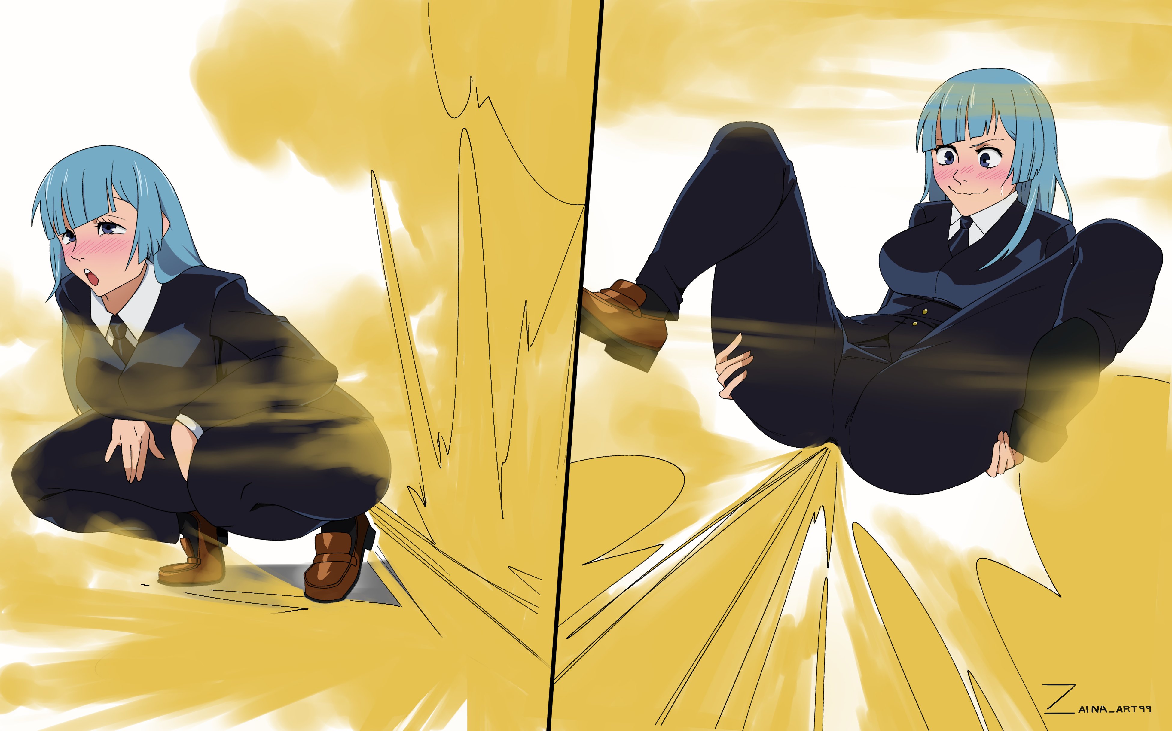 1girls, blue eyes, blue hair, blush, fart, fart cloud, fart fetish, farting, female, jujutsu kaisen, kasumi miwa, open mouth, solo female, squatting, tie, zaina art99