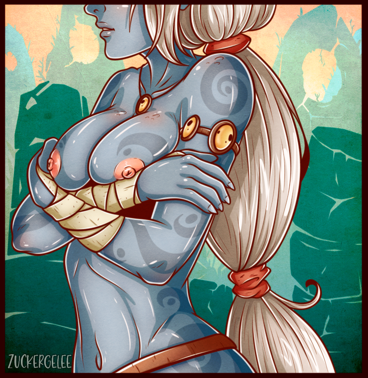 1girls artist_name athletic_female bandage breasts grey_skin holding_breast league_of_legends long_hair necklace nipples nude riot_games shy solo soraka standing tattoo upper_body white_hair zuckergelee