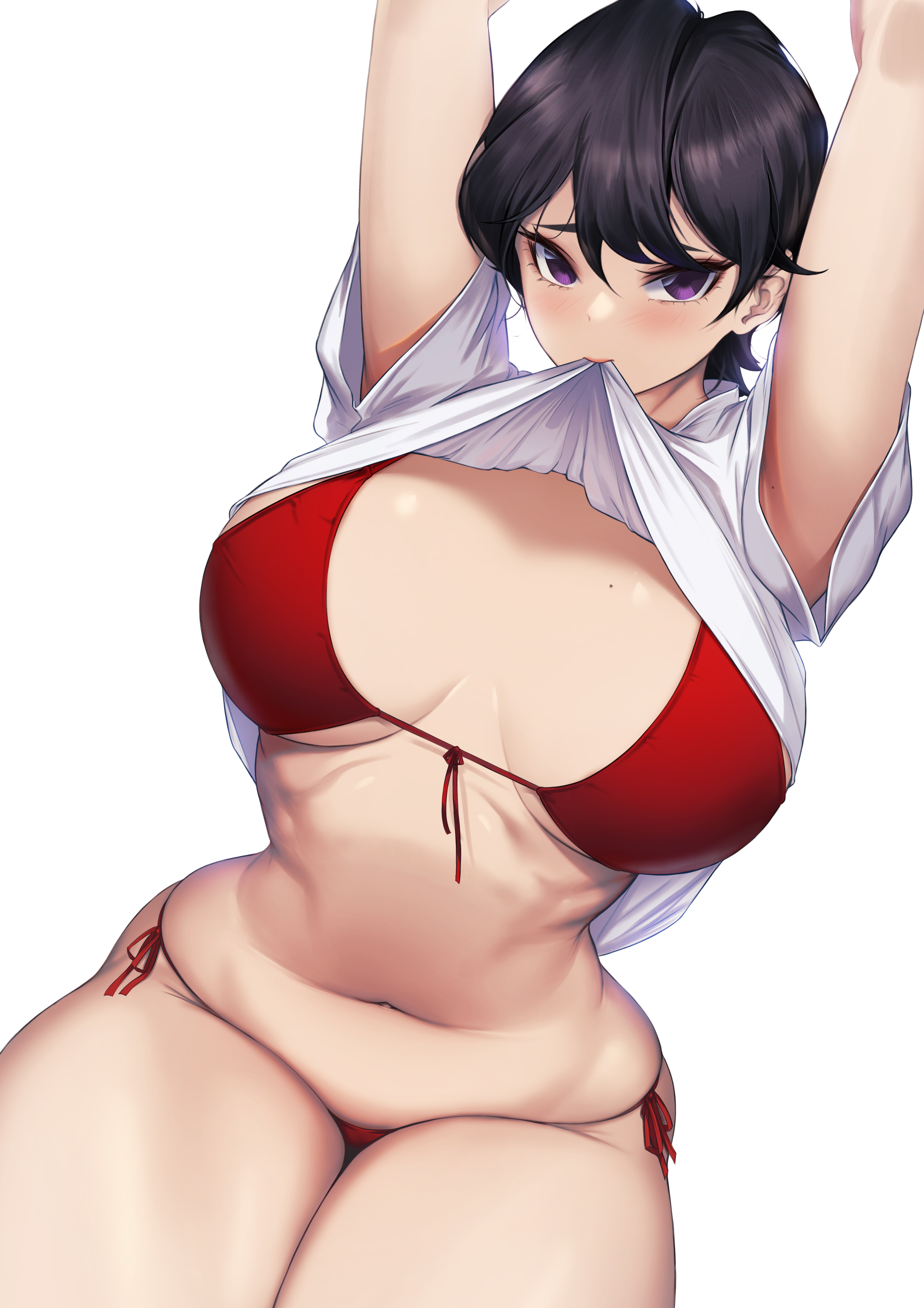 1girls, 2022, arms up, asian, asian female, bikini, black hair, blueorca, breasts, female, female only, hips, komi shuuko, komi-san wa komyushou desu, large breasts, light skin, light-skinned female, mature female, milf, mother, red bikini, short hair, slim waist, thick thighs, thighs, wide hips