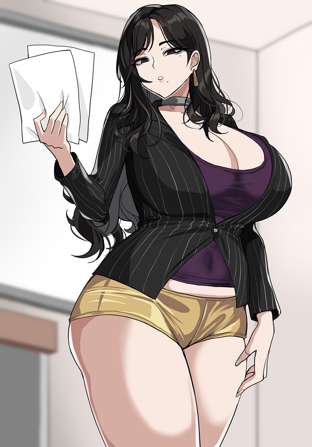 1girls, 2022, beauty mark, black hair, booty shorts, breasts, choker, cleavage, drogod (artist), female, female only, grey eyes, hips, huge breasts, indoors, jacket, light skin, light-skinned female, long hair, looking at viewer, low cut top, mole under eye, mole under mouth, office, office lady, original, original character, short shorts, shorts, slim waist, thick thighs, thighs, wide hips