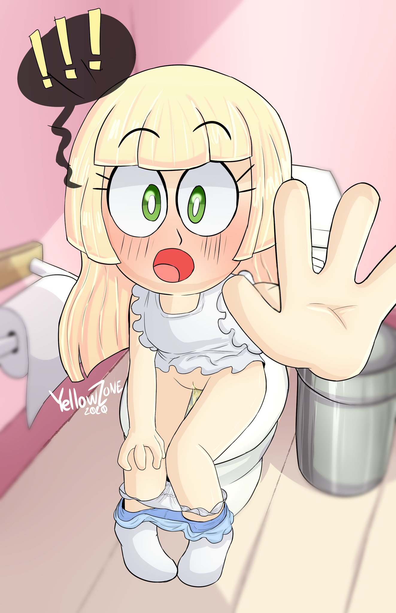 2020, bathroom, female, lillie (pokemon), open mouth, peeing, pokemon, pokemon sm, pussy, shocked expression, sitting on toilet, toilet, toilet use, urine, yellowzonemx
