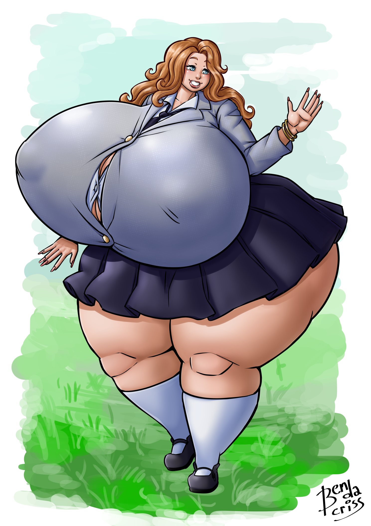 1girls, ass, bendacriss, big ass, big breasts, big butt, big lips, breasts, brown hair, bubble ass, bubble butt, female, female focus, female only, fully clothed, huge ass, huge breasts, huge butt, huge thighs, hyper, hyper ass, hyper bimbo, hyper breasts, hyper butt, massive ass, massive breasts, pleated skirt, red hair, round ass, school uniform, schoolgirl, skirt, smile, solo, thick ass, thick lips, thick thighs, waving, wide hips