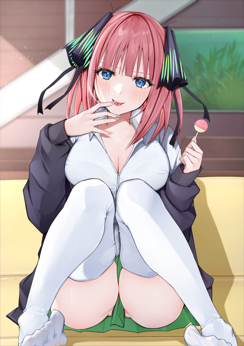 black_panties blue_eyes blush cleavage female_only go-toubun_no_hanayome green_skirt large_breasts lolipop looking_at_viewer miniskirt nakano_nino open_mouth pink_hair school_uniform schoolgirl short_hair skirt solo_focus thick_thighs thighhighs thighs tongue tongue_out uiri_na uncensored underwear white_legwear white_shirt white_stockings wide_hips