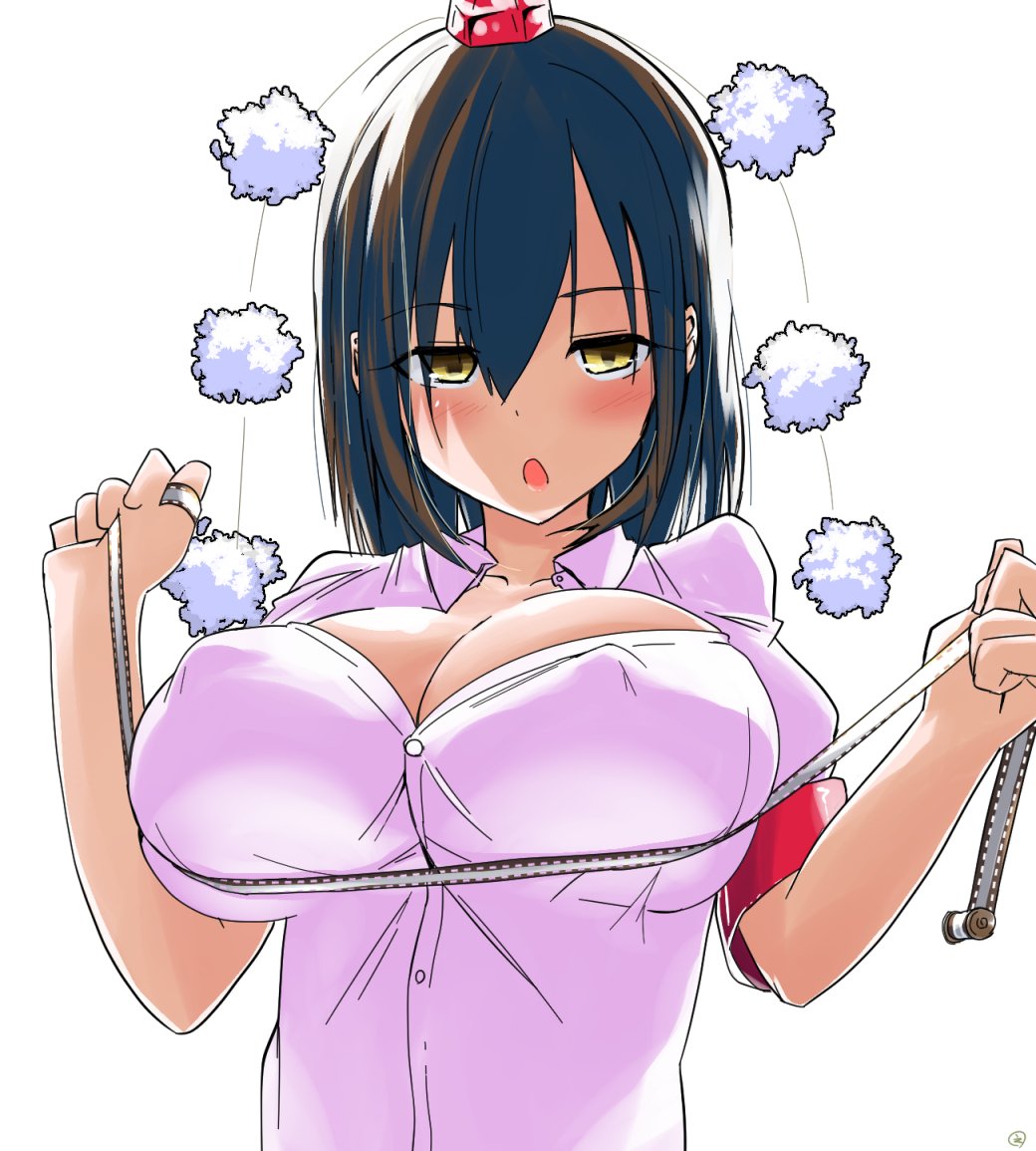 1girls akure_ekuto big_breasts black_hair breasts covered_nipples film_strip hat large_breasts pom_pom_(clothes) shameimaru_aya shirt short_hair short_sleeves solo tagme tokin_hat touhou