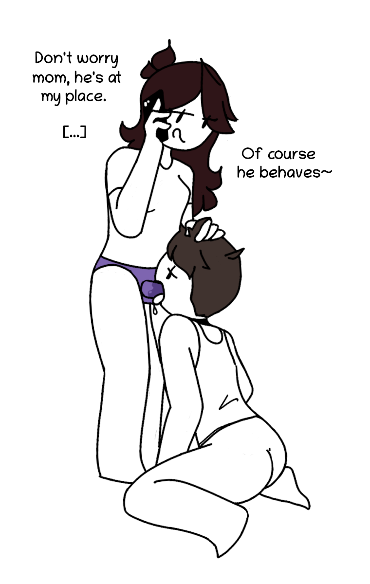 1boy 1girls bare_ass brother_and_sister brown_hair clothing dialogue drooling fellatio femboy femdom grabbing_hair hair_grab hand_in_hair hand_on_another's_head hand_on_head incest jaiden jaiden_animations jax_(jaiden_animations) kneeling long_hair male malesub mob_face sex_toy short_hair smartphone strap-on strap-on_fellatio submissive submissive_male text white_background white_skin youtube youtuber