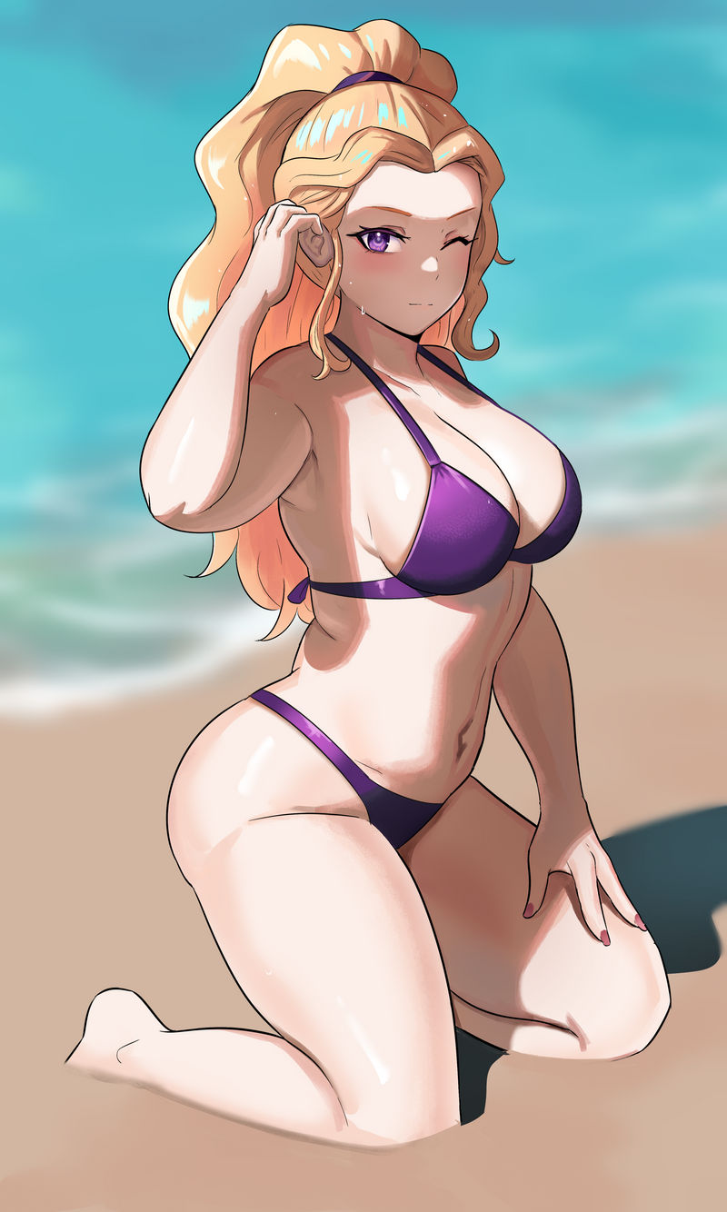 1girls adagio_dazzle beach bikini cleavage equestria_girls friendship_is_magic iojknmiojknm kneeling large_breasts my_little_pony orange_hair purple_eyes seaside thick_thighs voluptuous wink yellow_skin