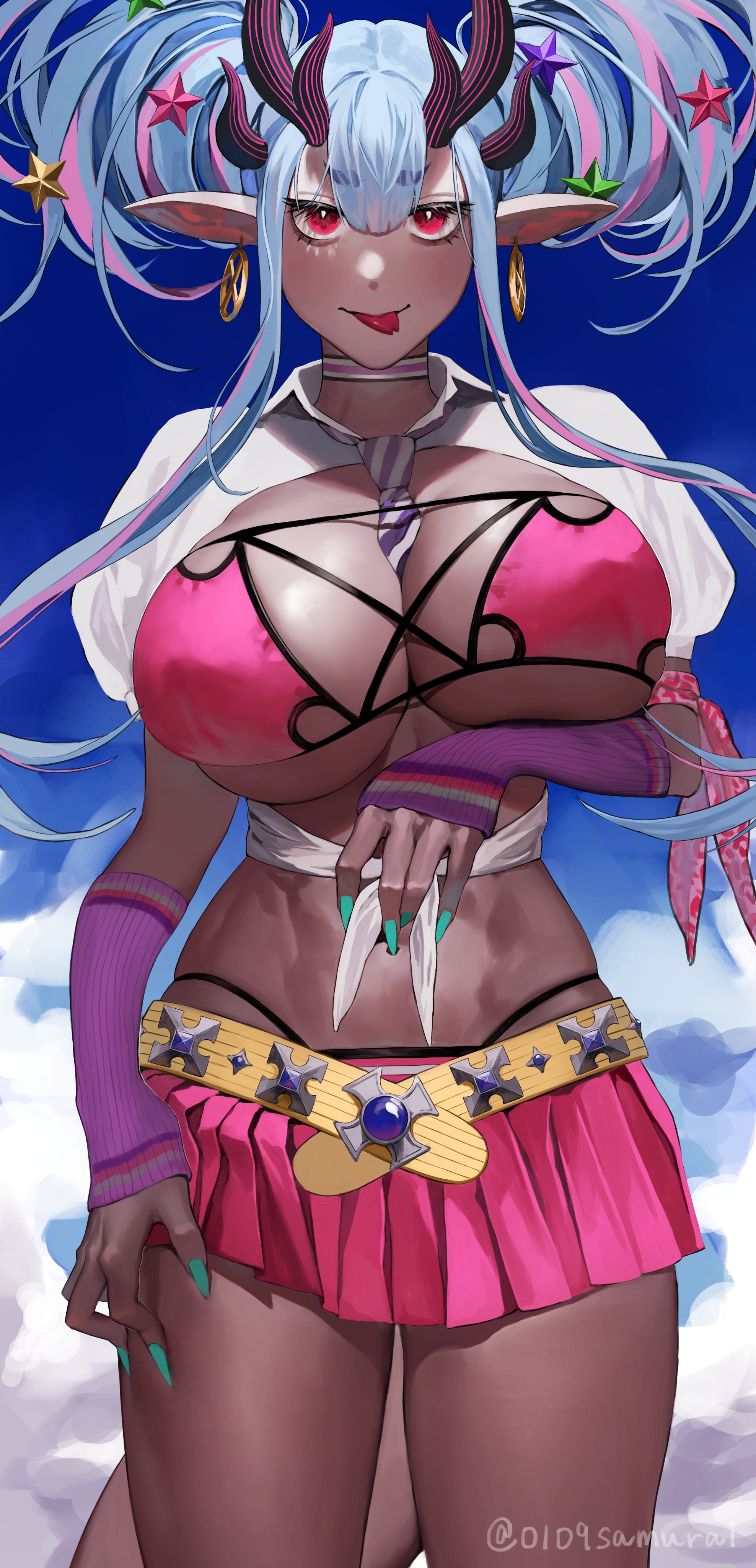 1girls, 2022, artist request, bikini, blue hair, breasts, cheerleader, dark skin, dark-skinned female, demon, demon girl, demon horns, fate (series), fate/grand order, female, grey skin, hips, huge breasts, ibuki douji (fate), long ears, massive breasts, naughty face, oni, oni horns, pointy ears, red eyes, school uniform, slim waist, suggestive look, thick thighs, thighs, twintails, wide hips