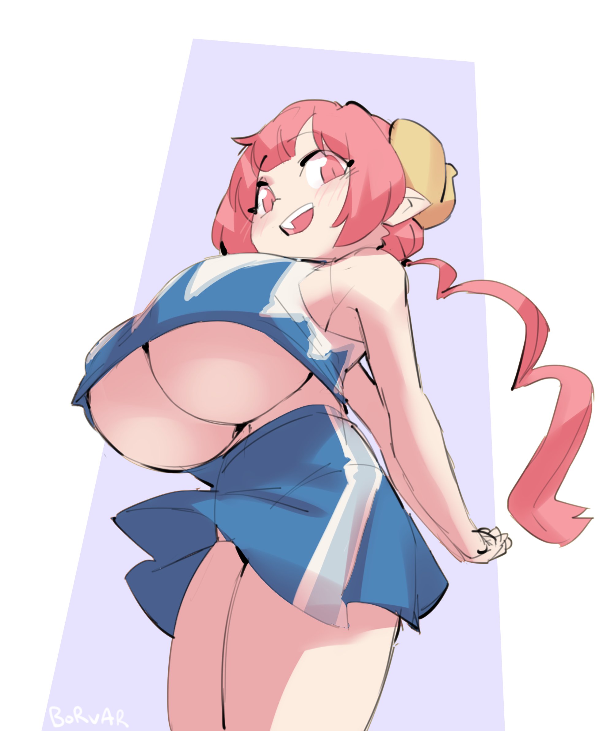 1girls, 2d, artist name, big breasts, borvar, breasts, cheerleader, cheerleader uniform, female, female focus, female only, horns, huge breasts, ilulu (dragon maid), light skin, light-skinned female, low-angle view, miss kobayashi's dragon maid, pale skin, pale-skinned female, red eyes, red hair, shortstack, skirt, smaller female, thick thighs, underboob, watermark