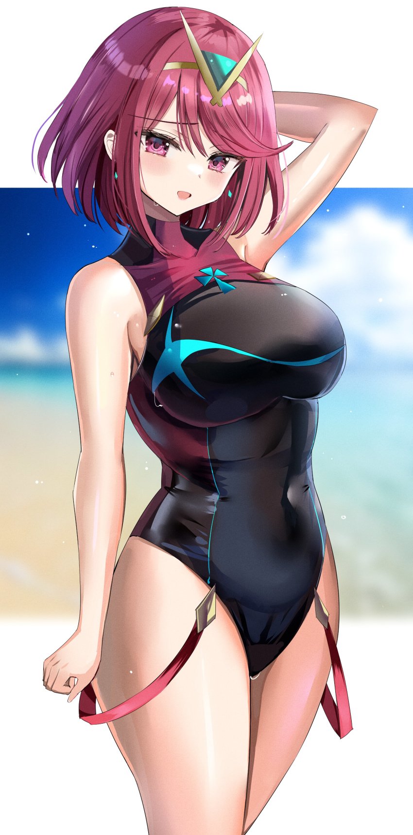 1girls black_one-piece_swimsuit blurry_background breasts competition_swimsuit core_crystal earrings hanasaka_houcha large_breasts nintendo one-piece_swimsuit pyra red_eyes red_hair short_hair swimsuit tiara xenoblade_(series) xenoblade_chronicles_2