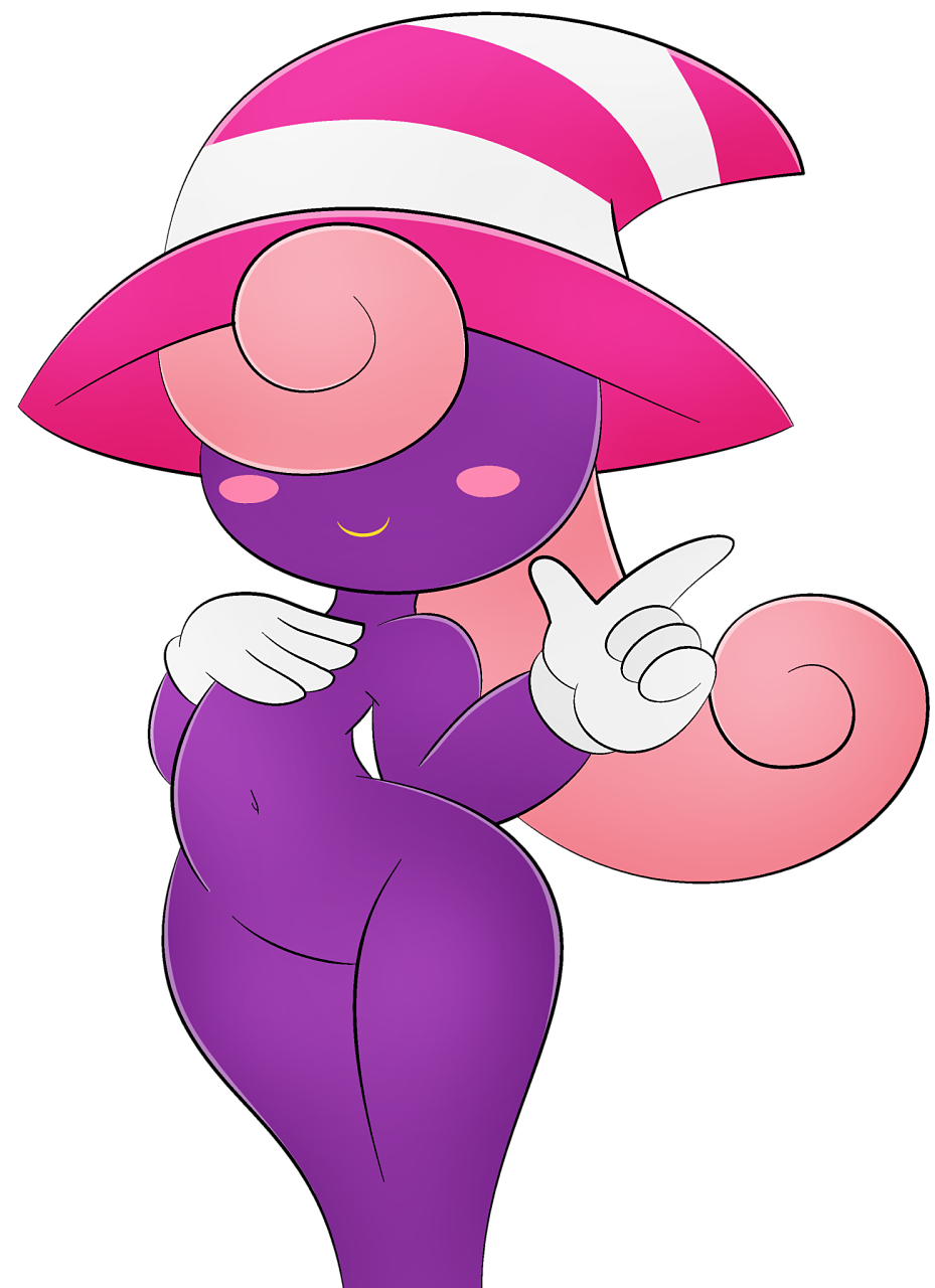 1girls blush hand_on_chest long_hair mario_(series) naked_gloves naked_hat navel nintendo paper_mario paper_mario:_the_thousand-year_door pink_hair purple_skin smile vivian_(paper_mario) white_gloves witch_hat zinzoa