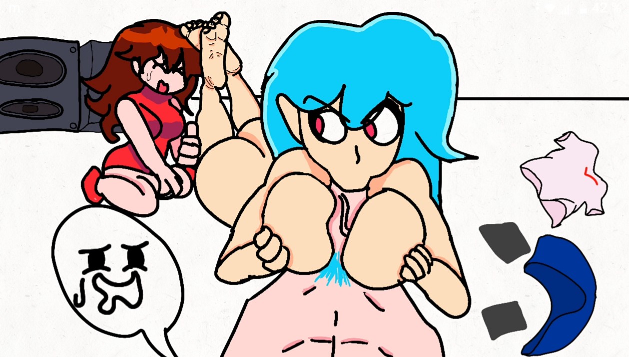 blowjob, blue hair, cuckquean, feet, female, foot fetish, friday night funkin, girlfriend (friday night funkin), naked, nude, original sky (friday night funkin), sky (friday night funkin), skyverse
