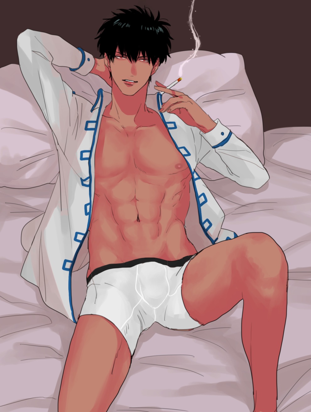 abs alternate_costume bedroom_eyes black_hair bulge cigarette gintama hijikata_toshiro looking_at_viewer male male_only muscular muscular_male nuis on_back on_bed open_jacket open_shirt reclining seductive_look smile smoke smoking solo suggestive_look toned toned_male underwear