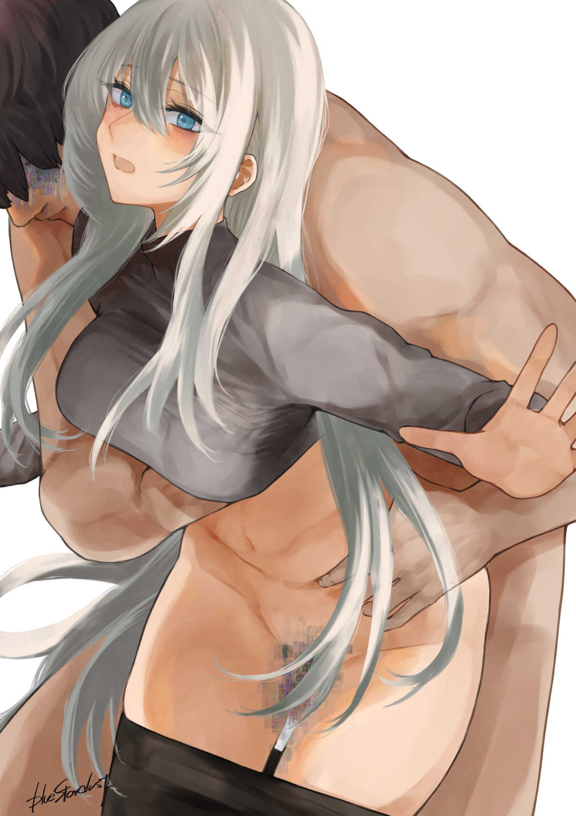 1boy an-94_(girls'_frontline) bangs black_hair black_pants blue_eyes blush breasts censored female girls'_frontline grey_hair highres kojima_(blue_stardust) large_breasts long_hair long_sleeves pants parted_lips sex sex_from_behind simple_background straight thighs torso_grab white_background