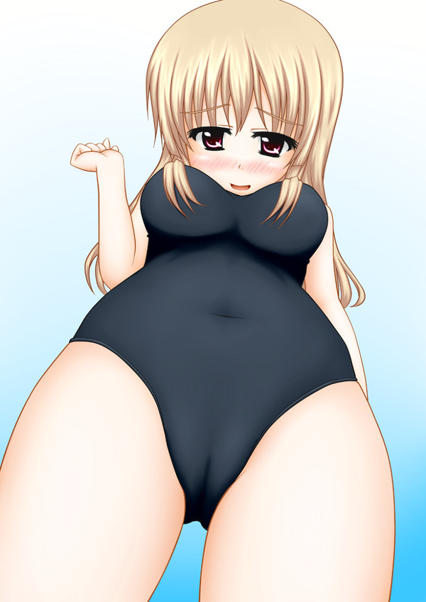 blonde_female blush jpeg_artifacts looking_at_viewer looking_down one-piece_swimsuit pullpull15 swimsuit swimwear