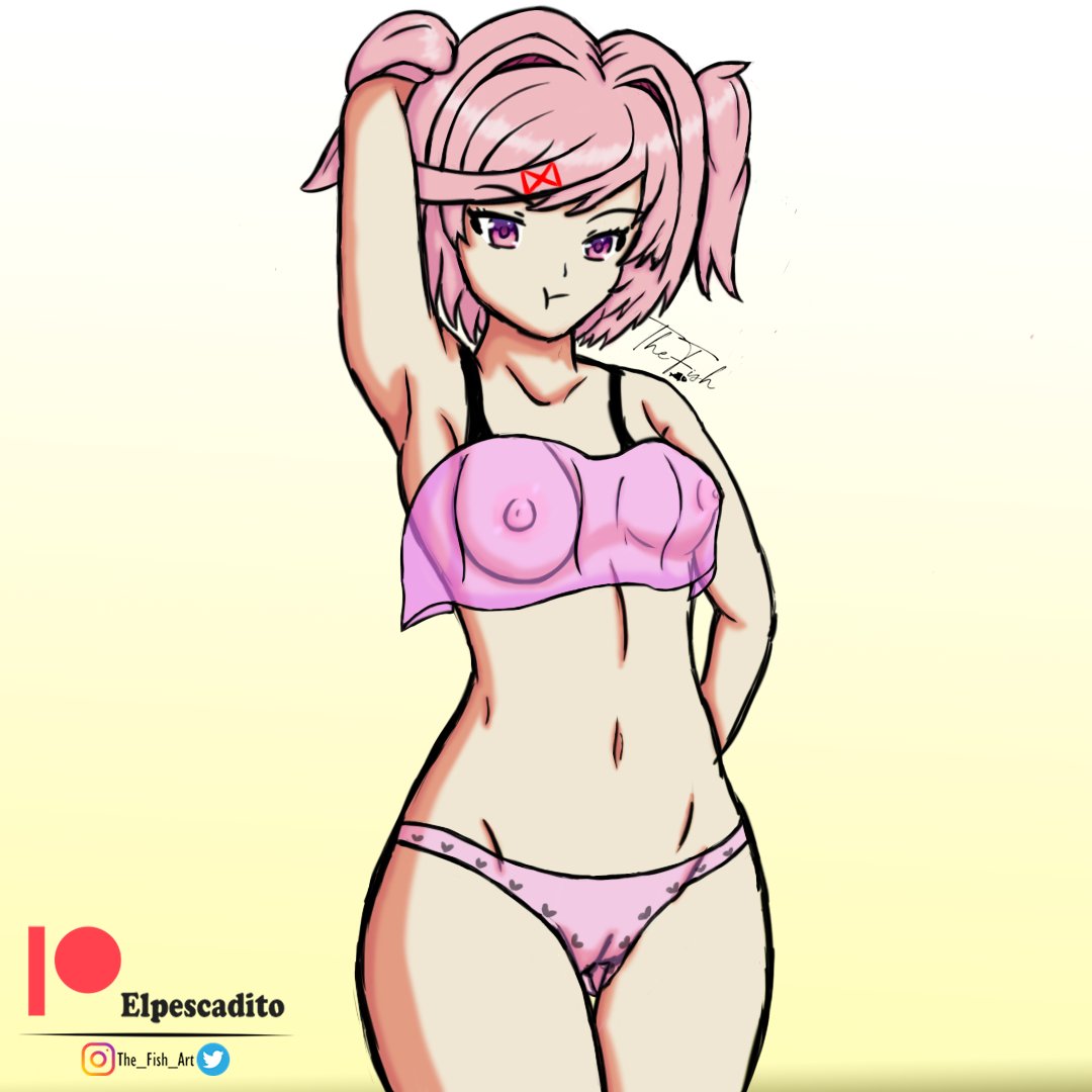 1girls bra doki_doki_literature_club female natsuki_(doki_doki_literature_club) panties pink_bra pink_eyes pink_hair pink_panties pout pouting see-through see-through_bra see-through_clothing solo thefishart