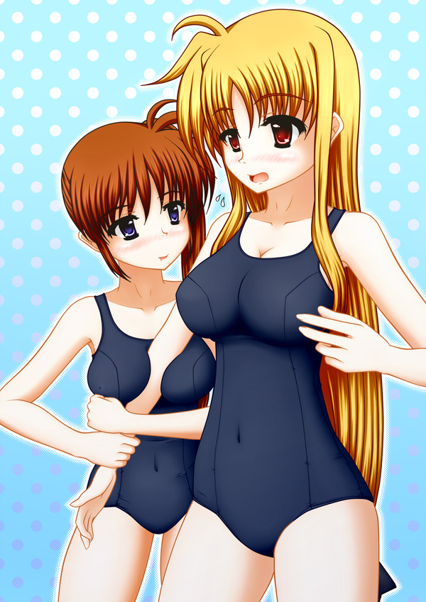 2girls blonde_female fate_testarossa happy mahou_shoujo_lyrical_nanoha mahou_shoujo_lyrical_nanoha_strikers multiple_girls nanoha_takamachi one-piece_swimsuit pullpull15 safe sfw smiling_at_another sukumizu swimsuit swimwear yuri