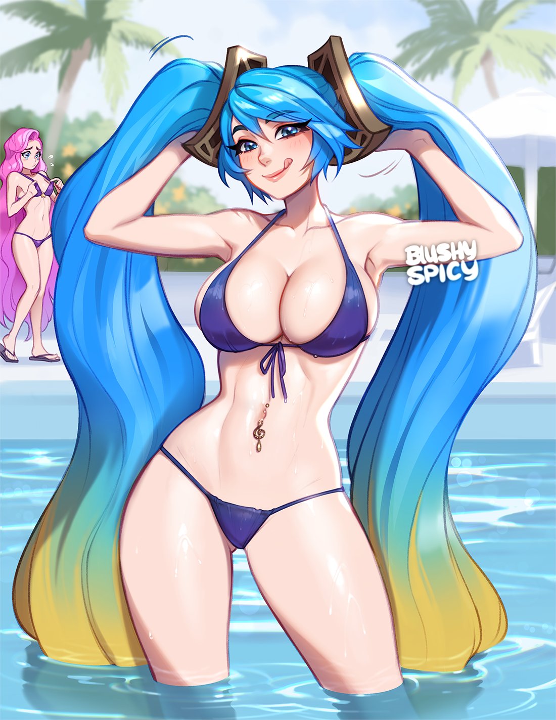 2girls armpits arms_up artist_name big_breasts bikini bikini_bottom bikini_top blue_eyes blue_hair blush blushing blushypixy blushyspicy breast_size_difference crying_with_eyes_open eyebrows_visible_through_hair eyelashes_visible_through_hair female female_focus female_only gradient_hair hair_down league_of_legends licking_lips long_hair looking_at_viewer musical_note_piercing partially_clothed partially_submerged pink_hair pool poolside sandals seraphine_(league_of_legends) shaved_armpit showing_off small_breast_angst small_breasts smile sona_buvelle standing swimsuit tearing_up thick_thighs toned toned_female tongue_out twin_braids twin_tails very_long_hair water wet_swimsuit