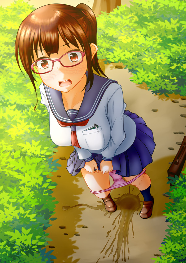 1girls female glasses grass outdoors outside panties_around_leg panties_down peeing pink_panties puddle pullpull15 skirt solo tagme