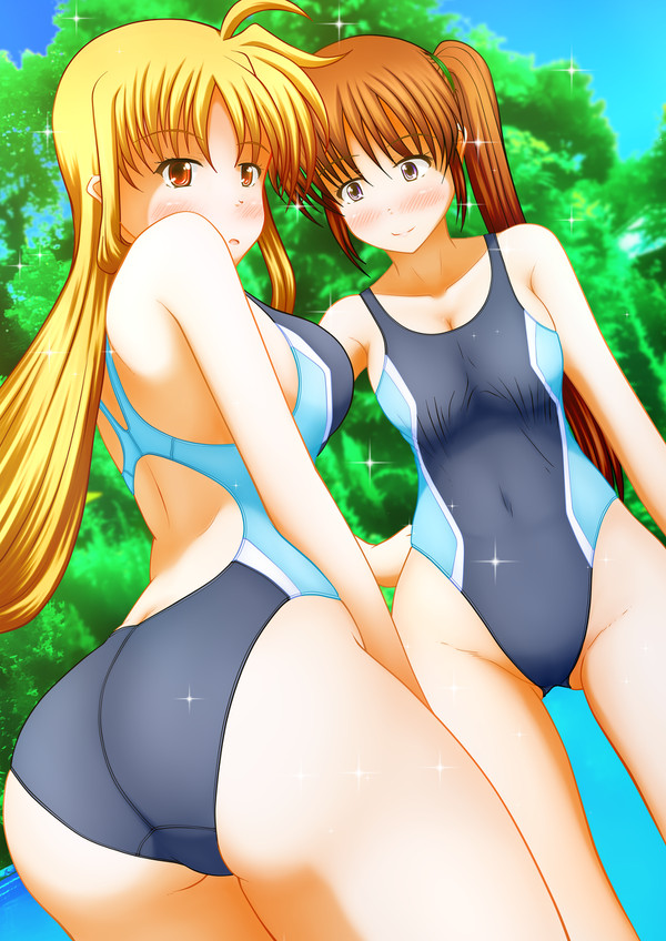 2girls blonde_female fate_testarossa in_water mahou_shoujo_lyrical_nanoha mahou_shoujo_lyrical_nanoha_strikers multiple_girls nanoha_takamachi one-piece_swimsuit pullpull15 standing sukumizu swimsuit swimwear tagme water