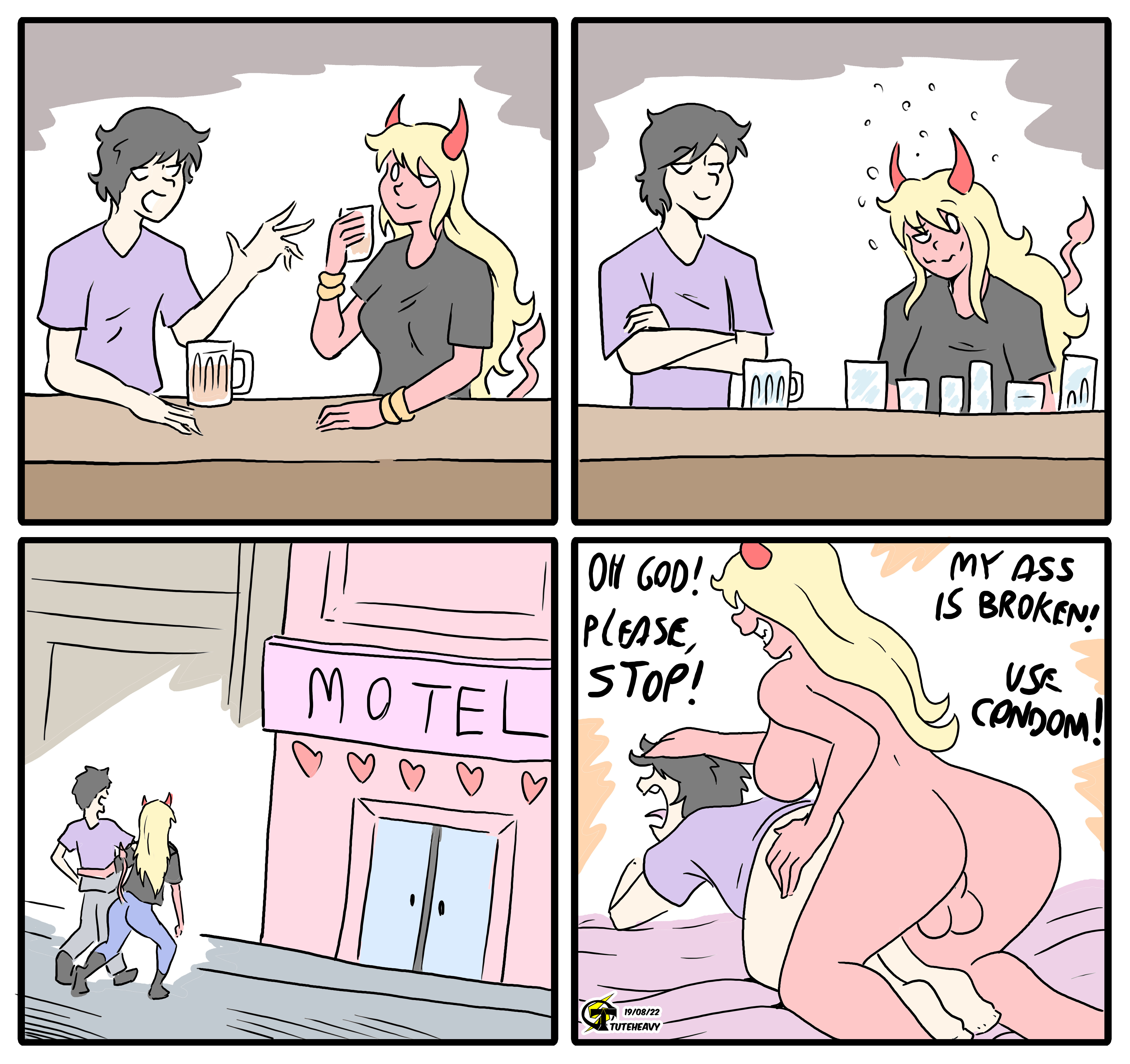1boy, 1futa, 4koma, anal, anal sex, ass, ass focus, bait and switch, begging to stop, big ass, bottomless, clothed, clothing, comic, comic strip, demon, demon girl, demon horns, dialogue, dickgirl, dickgirl domination, dickgirl penetrating, dickgirl/male, drunk, drunk bubble, drunk sex, dubious consent, duo, erection, female, futa on male, futa penetrating, futa sans pussy, futa with male, futa/male, futadom, futanari, human, humanoid, instant loss, intersex, intoxicated, light skin, light-skinned male, male, nude, oc, original, pale skin, pale-skinned male, partially clothed, rape, red skin, role reversal, tuteheavy, uncensored, wasted
