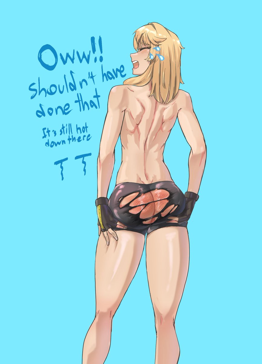 1boy androgynous ass back_muscles blonde_hair bridget burn_scar clothing dat_ass dialogue femboy fingerless_gloves guilty_gear guilty_gear_strive male male_only pennperun ripped_clothing solo tears thick_thighs topless torn_clothes wardrobe_malfunction