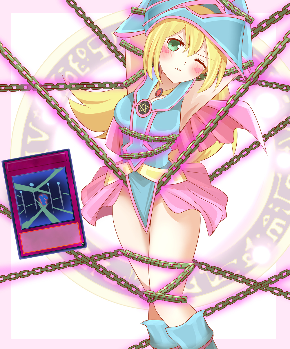 arms up, big breasts, blonde female, blonde hair, blush, bondage, bound, bound arms, bound legs, breasts, captured, captured heroine, chained, chains, damsel in distress, dark magician girl, defeated, defeated heroine, domination, duel monster, female, forced, forced submission, frustrated, helpless, humiliation, magic user, magical binding, magical girl, magician, male, non (artist), one eye closed, restrained, scared, solo, submissive, submissive female, surprised, trap, trapped, worried, yu-gi-oh!