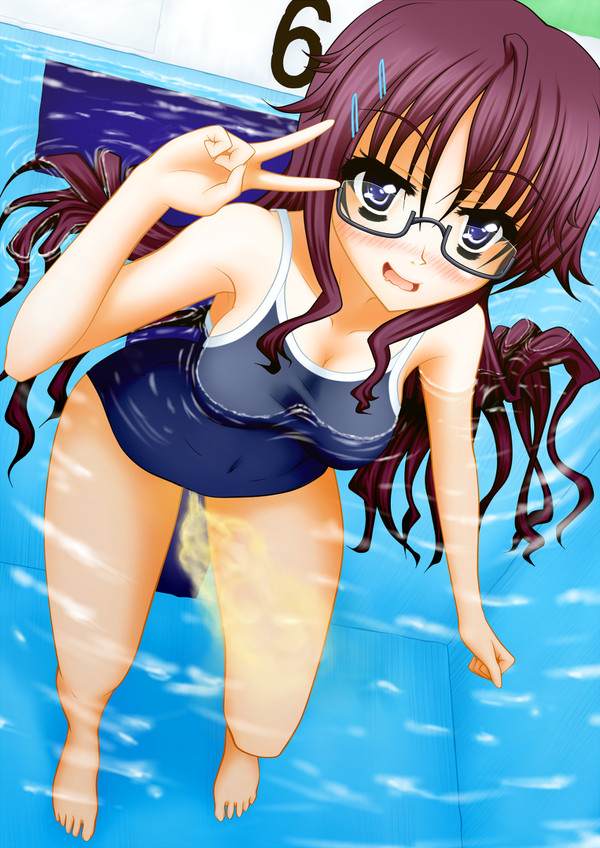 glasses looking_at_viewer one-piece_swimsuit peace_sign peeing peeing_in_swimsuit peeing_in_water peeing_underwater pool pullpull15 purple_hair smiling standing_pee swimming_pool swimsuit swimwear tagme underwater urinating_female wetting wetting_self