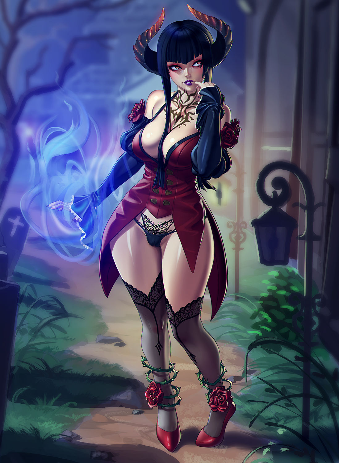 2018, alley, bare shoulders, black hair, black horns, chest tattoo, cleavage, clothing, curved horns, dress, eliza (tekken), female, finger in mouth, grass, horns, lace-trimmed legwear, lace-trimmed panties, lace-trimmed thighhighs, lamp, lingerie, lipstick, looking away, magic, nail polish, nature, neck tattoo, night, open shirt, panties, purple lipstick, purple nails, ridged horns, rose, roses, stockings, tekken, tekken 7, thighhighs, thighs, vampire, vampire girl, wide hips, wide sleeves, xxnikichenxx