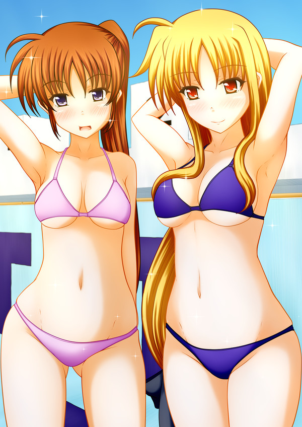 2girls bikini bikini_bottom bikini_top blonde_female fate_testarossa mahou_shoujo_lyrical_nanoha mahou_shoujo_lyrical_nanoha_strikers multiple_girls nanoha_takamachi pullpull15 swimming_pool swimsuit swimwear tagme