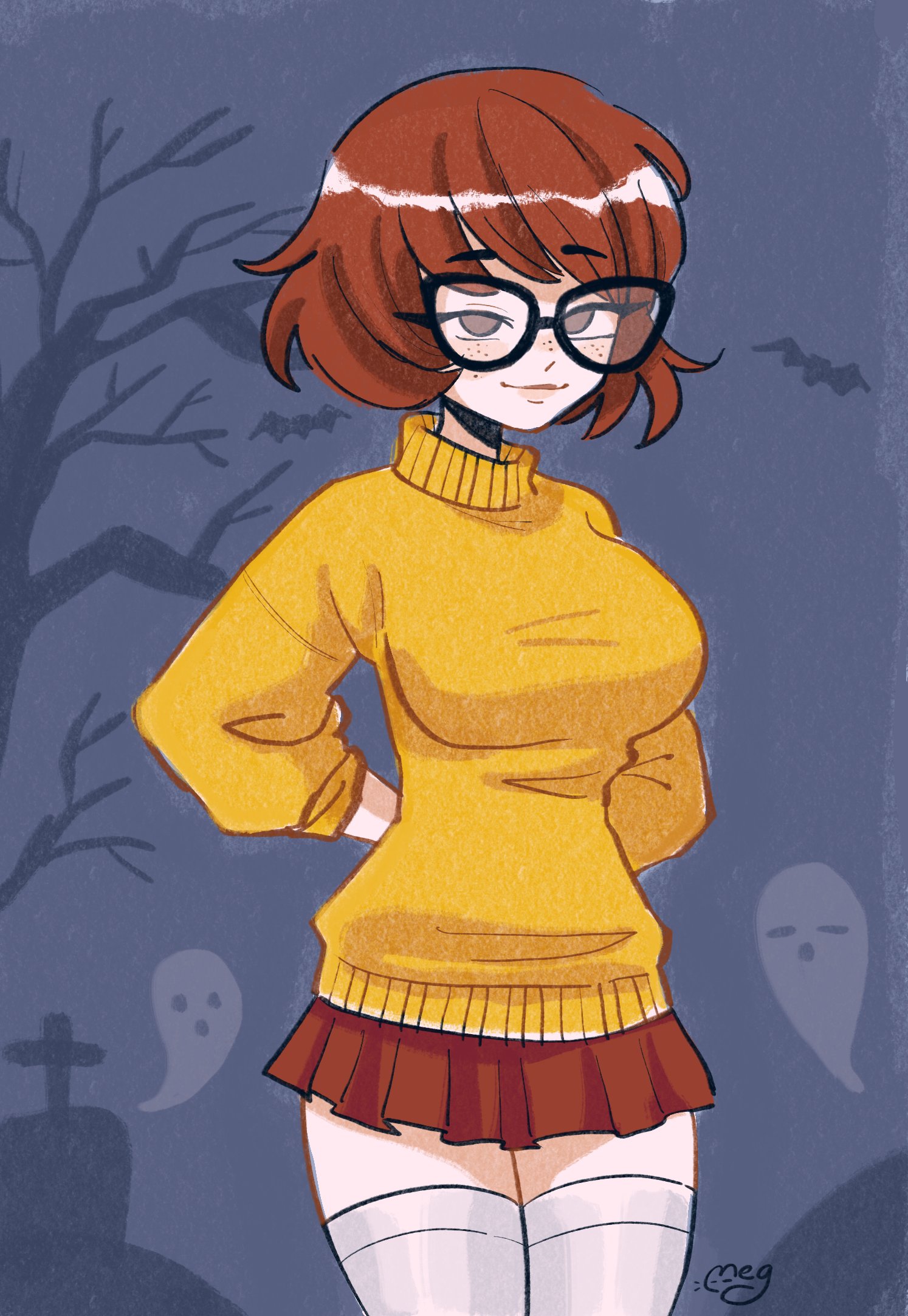 1girls, 2d, big breasts, breasts, female, female only, glasses, hanna-barbera, light skin, light-skinned female, meganekko, megrocks, miniskirt, mob face, pale skin, pale-skinned female, scooby-doo, signature, solo, sweater, tagme, text, thighhighs, velma dinkley