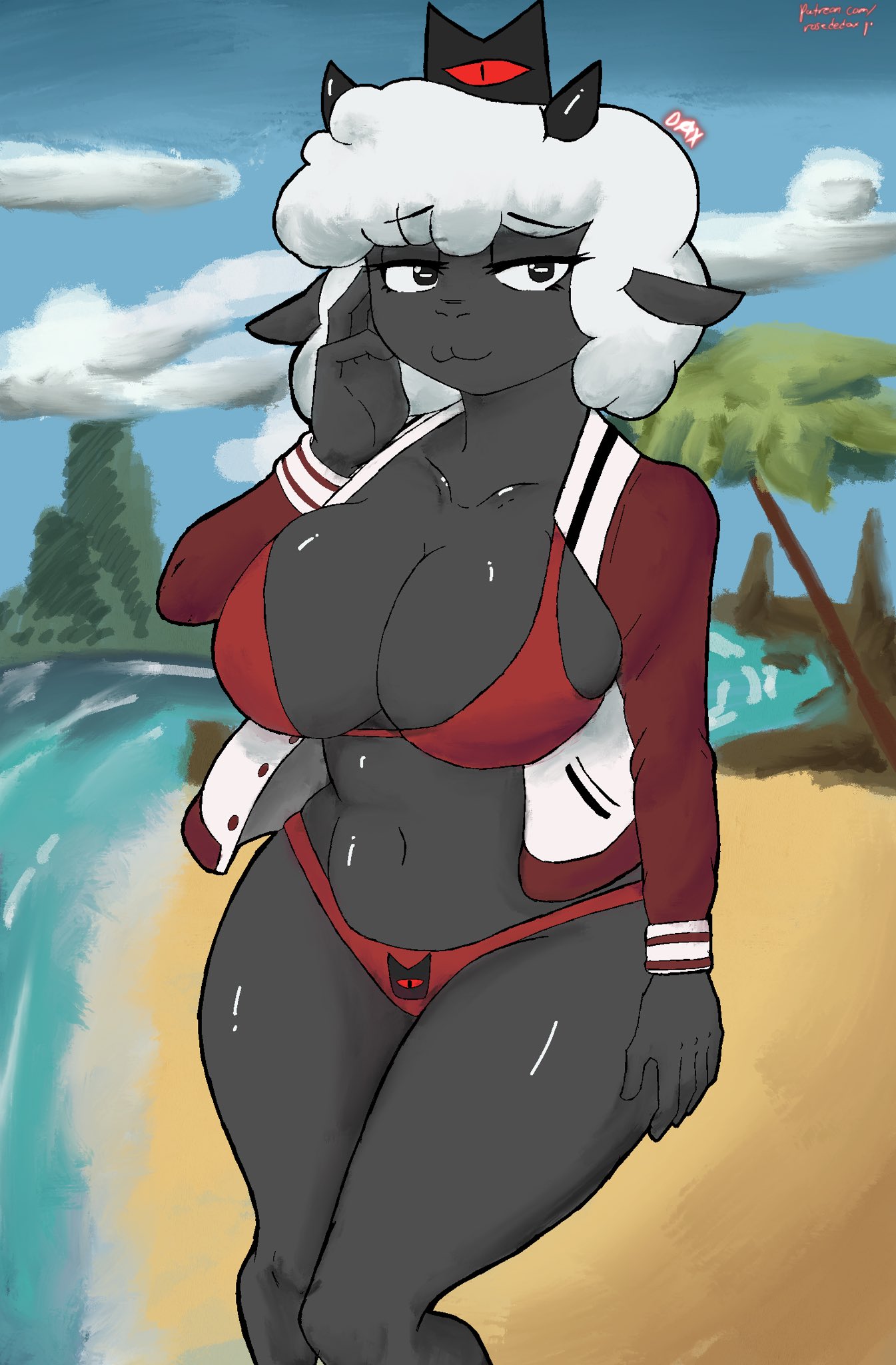 anthro beach big_breasts bikini breasts cult_of_the_lamb devolver_digital female lamb lamb_(cult_of_the_lamb) rose_dax rosededax sheep solo solo_female solo_focus tagme