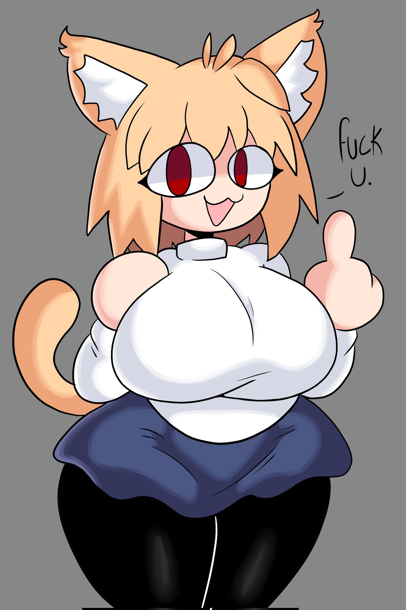 :3, 1girls, 2d, animal ears, anthro, big breasts, breasts, cat ears, dork boi, feline, female, female only, lewd dorky, looking at viewer, melty blood, middle finger, neco-arc, smile, smiling at viewer, solo, tagme, tail, tsukihime, type-moon