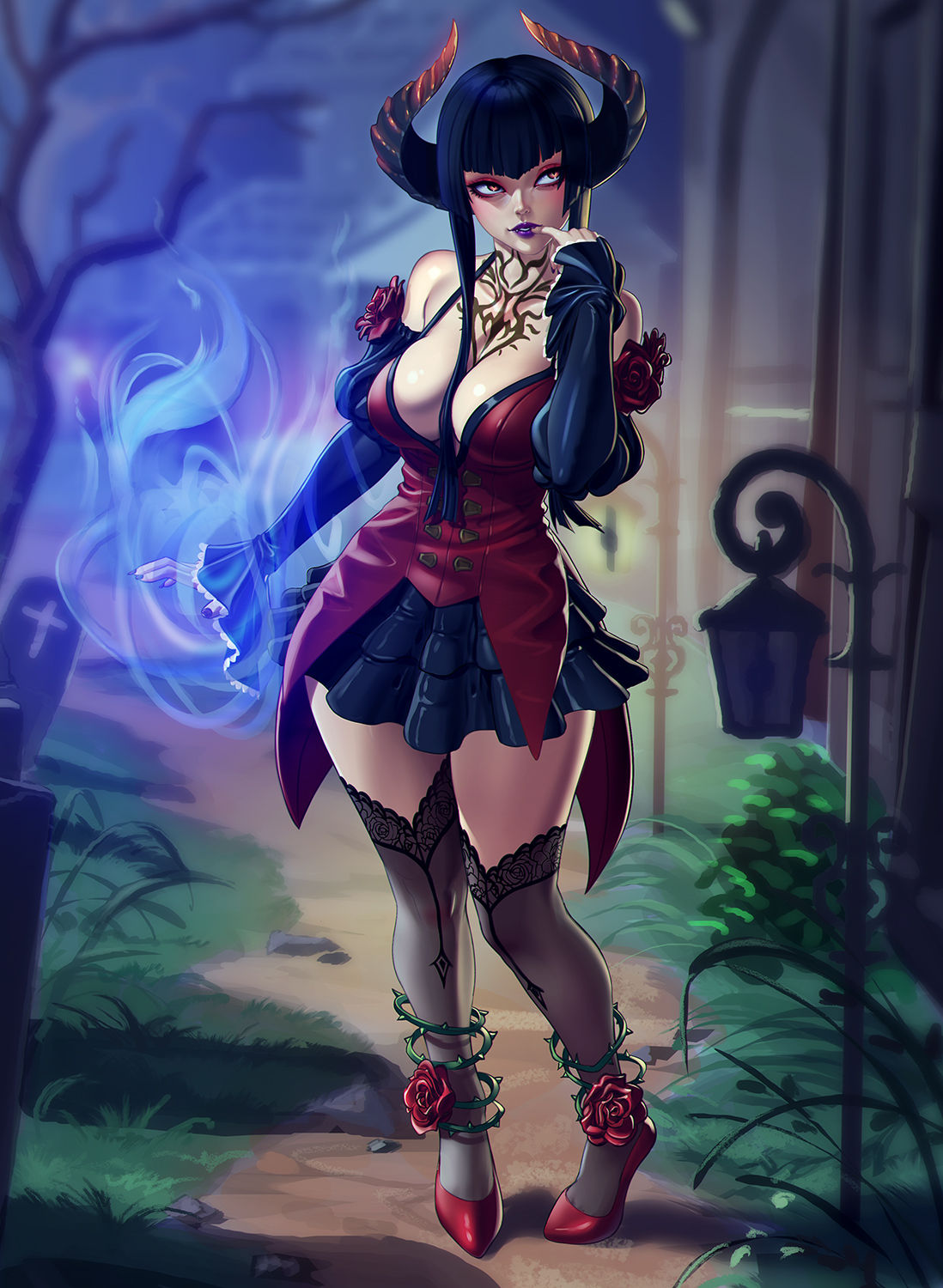 2018, alley, bare shoulders, black hair, black horns, chest tattoo, cleavage, clothing, curved horns, dress, eliza (tekken), female, finger in mouth, grass, horns, lace-trimmed legwear, lace-trimmed thighhighs, lamp, lipstick, looking away, magic, nail polish, nature, neck tattoo, night, open shirt, purple lipstick, purple nails, ridged horns, rose, roses, skirt, stockings, tekken, tekken 7, thighhighs, thighs, vampire, vampire girl, wide hips, wide sleeves, xxnikichenxx